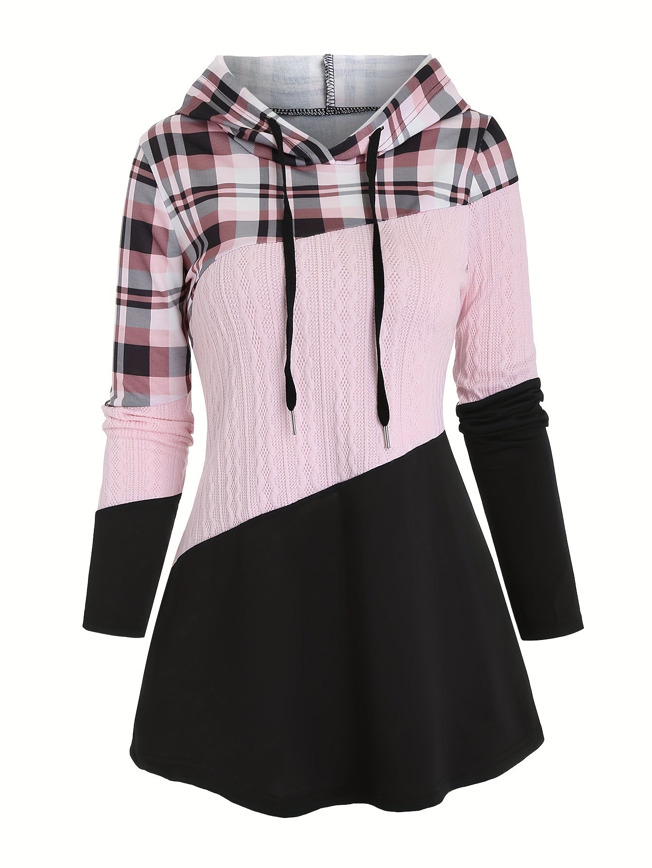 Women's Plaid Patchwork Hooded Long Sleeve Drawstring Pullover Casual Fashion Hoodie - veyora