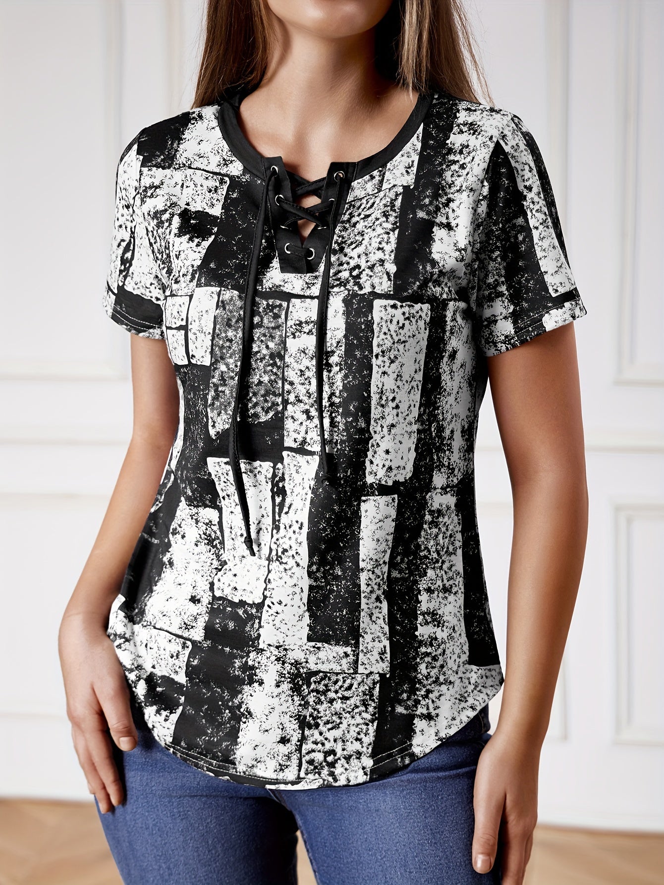 Women's Casual V - Neck T-Shirt with Adjustable Lace - Up Detail & Geometric Print - Navy Blue Summer Top, Regular Fit, Machine Washable, Ladies T Shirts, Medium Elasticity Fabric - veyora