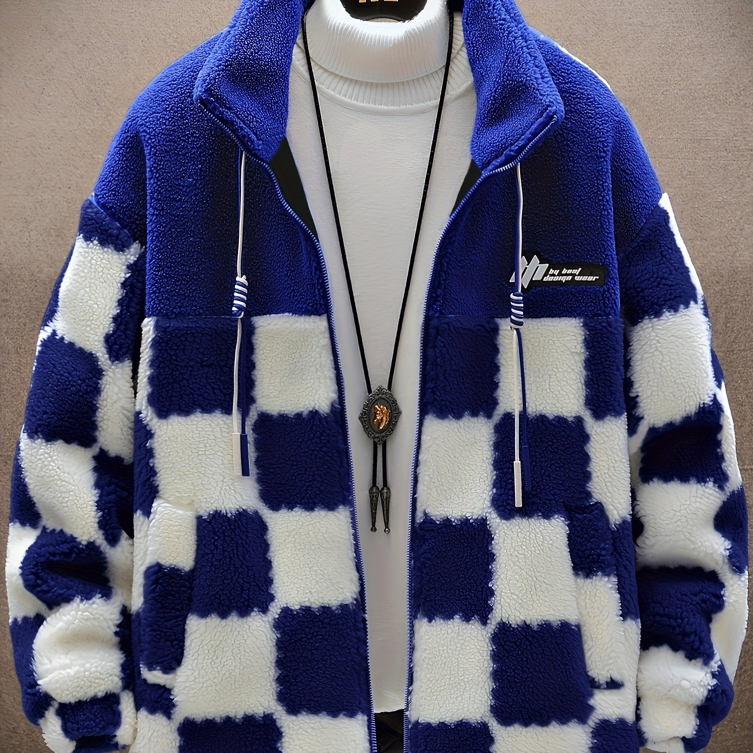 Men's Cold - Weather Jacket, Loose Stand - Up Collar Jacket with Checkerboard Color - Block Patchwork Design, Suitable for Daily Commuting, Campus Wear, and Weekend Shopping, Warm and Soft, Loose Fit for a Slimming Effect, Stylish and Versatile - veyora