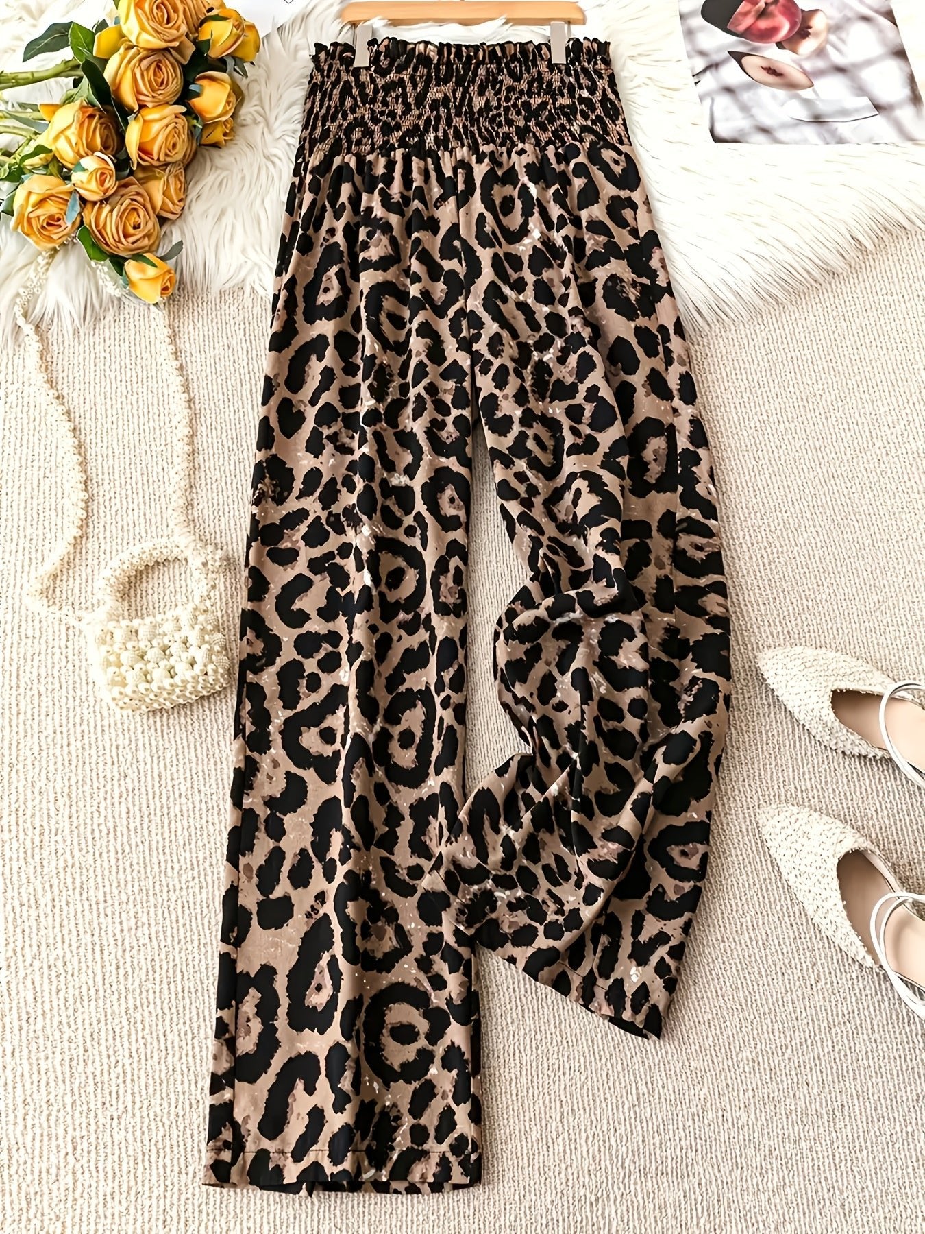 Women's Leopard Print Loose - Fit Ruffle Hem Pants with Elastic Waist - Digital Animal Print Trousers, Machine Washable Non - Stretch Fabric, All - Season Elegant Casual Wear, Versatile Wardrobe Staple, Loose Fit Trousers, Comfortable Waistband, Fashionable Bo - veyora