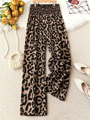Women's Leopard Print Loose - Fit Ruffle Hem Pants with Elastic Waist - Digital Animal Print Trousers, Machine Washable Non - Stretch Fabric, All - Season Elegant Casual Wear, Versatile Wardrobe Staple, Loose Fit Trousers, Comfortable Waistband, Fashionable Bo - veyora