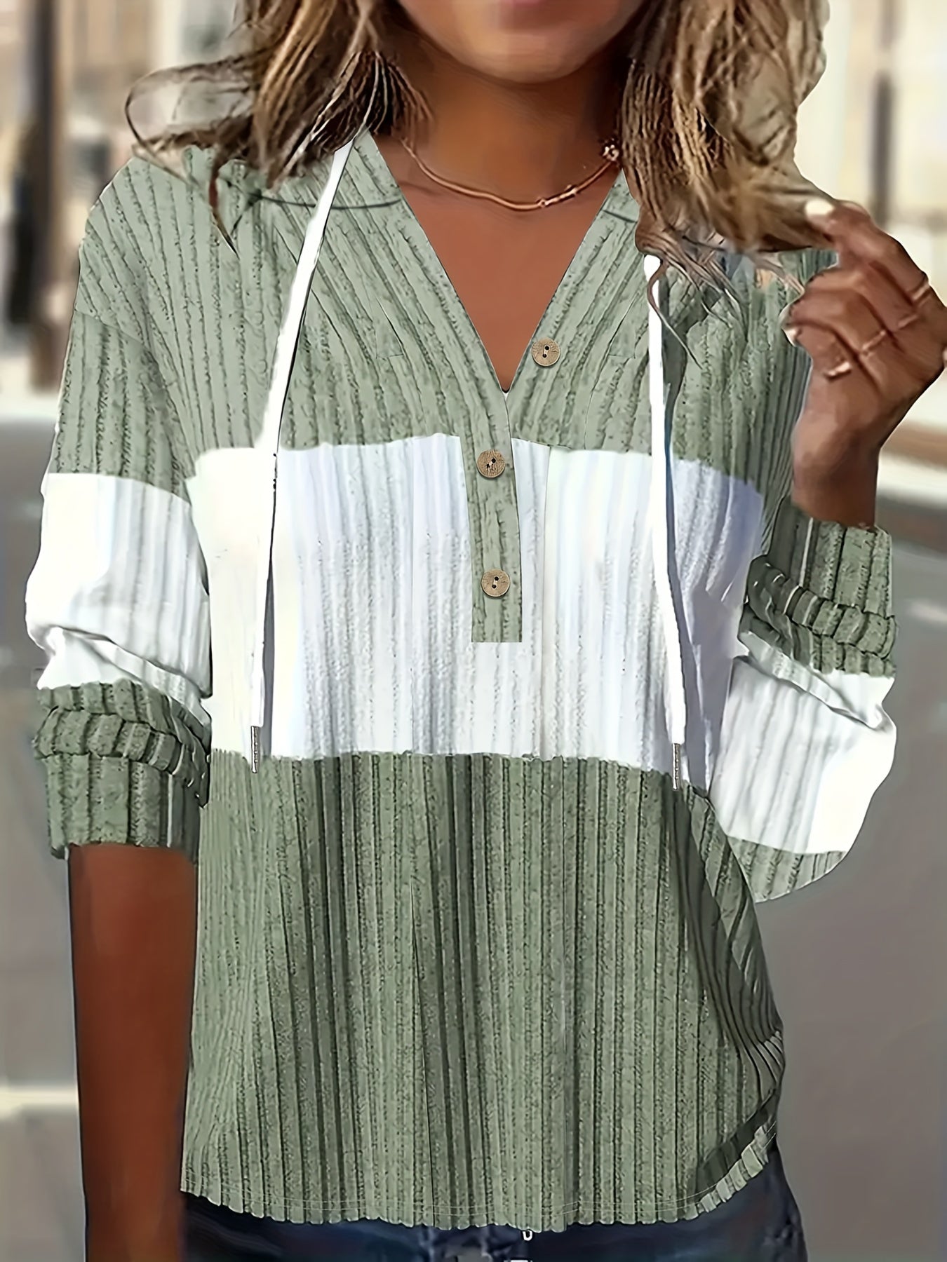 Solid Color Contrasting Hooded Pullover - veyora