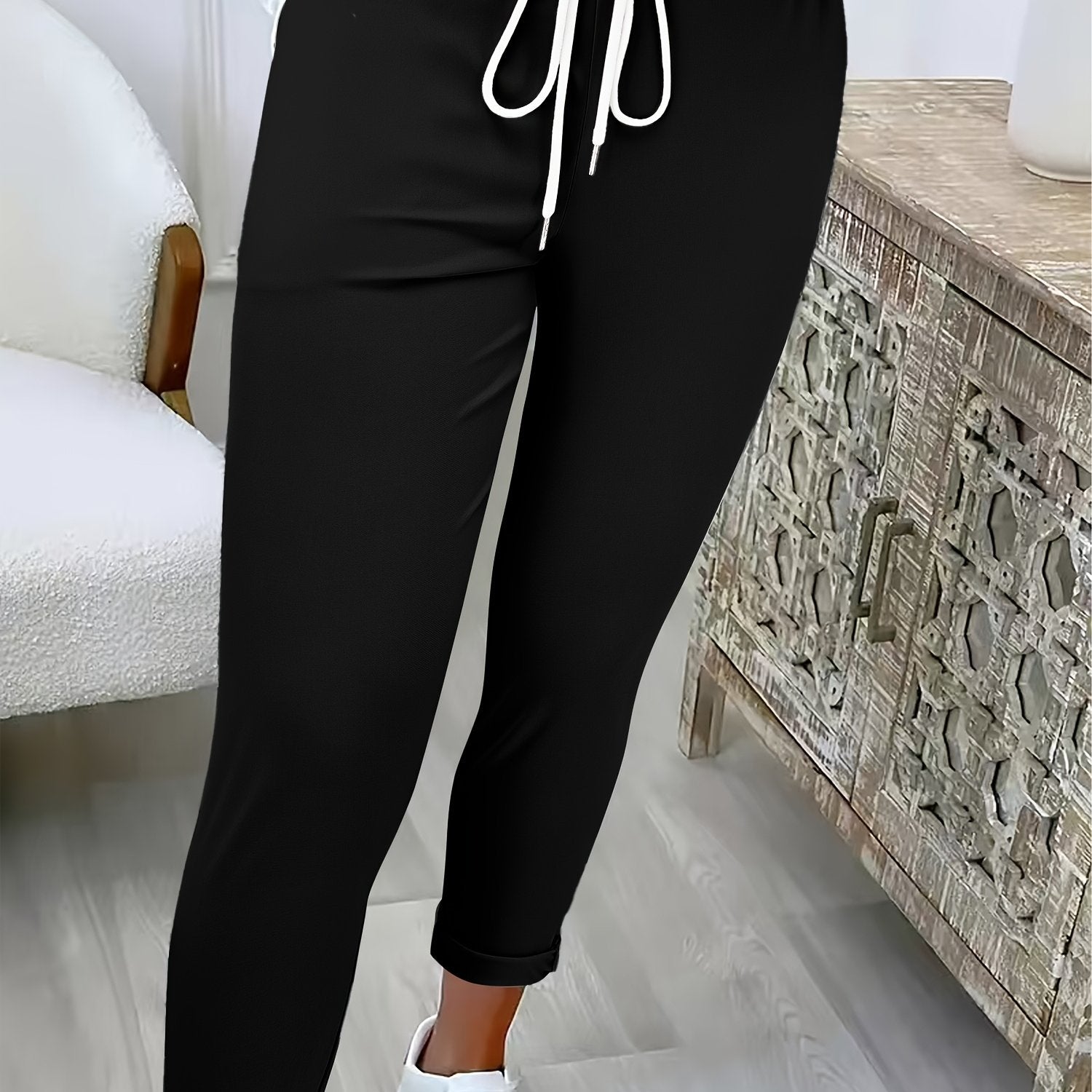 Women's Solid Color Casual Wide - Pants with Elastic Drawstring Waist - Trousers Suitable for, Casual Attire & Semi - Formal Attire - Machine Washable Solid Color Pants - veyora
