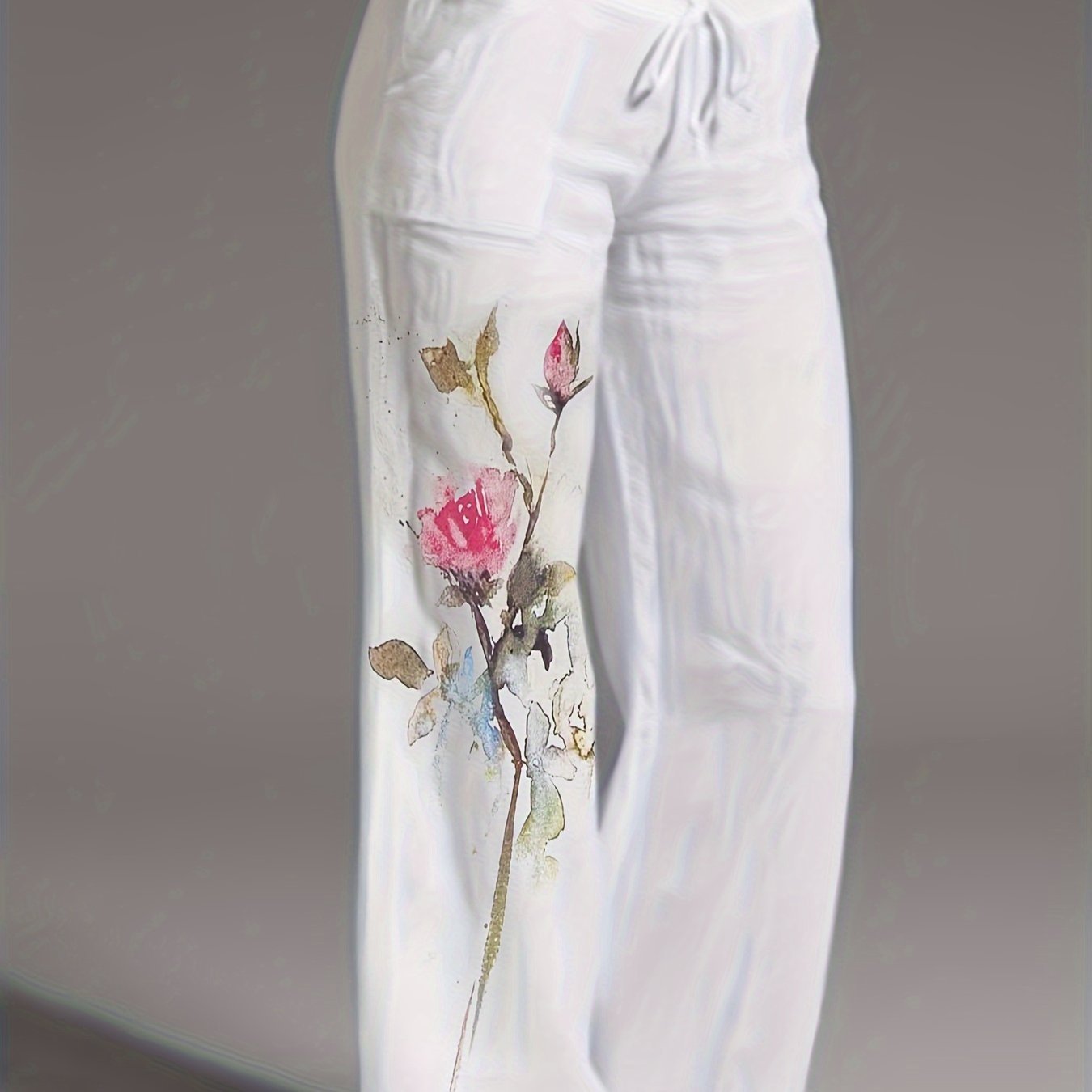White Watercolor Rose Print Wide - Leg Casual Pants for Women, Spring/Summer Lightweight Loose - Fit Trousers, Versatile Commuter and Vacation Pants - veyora