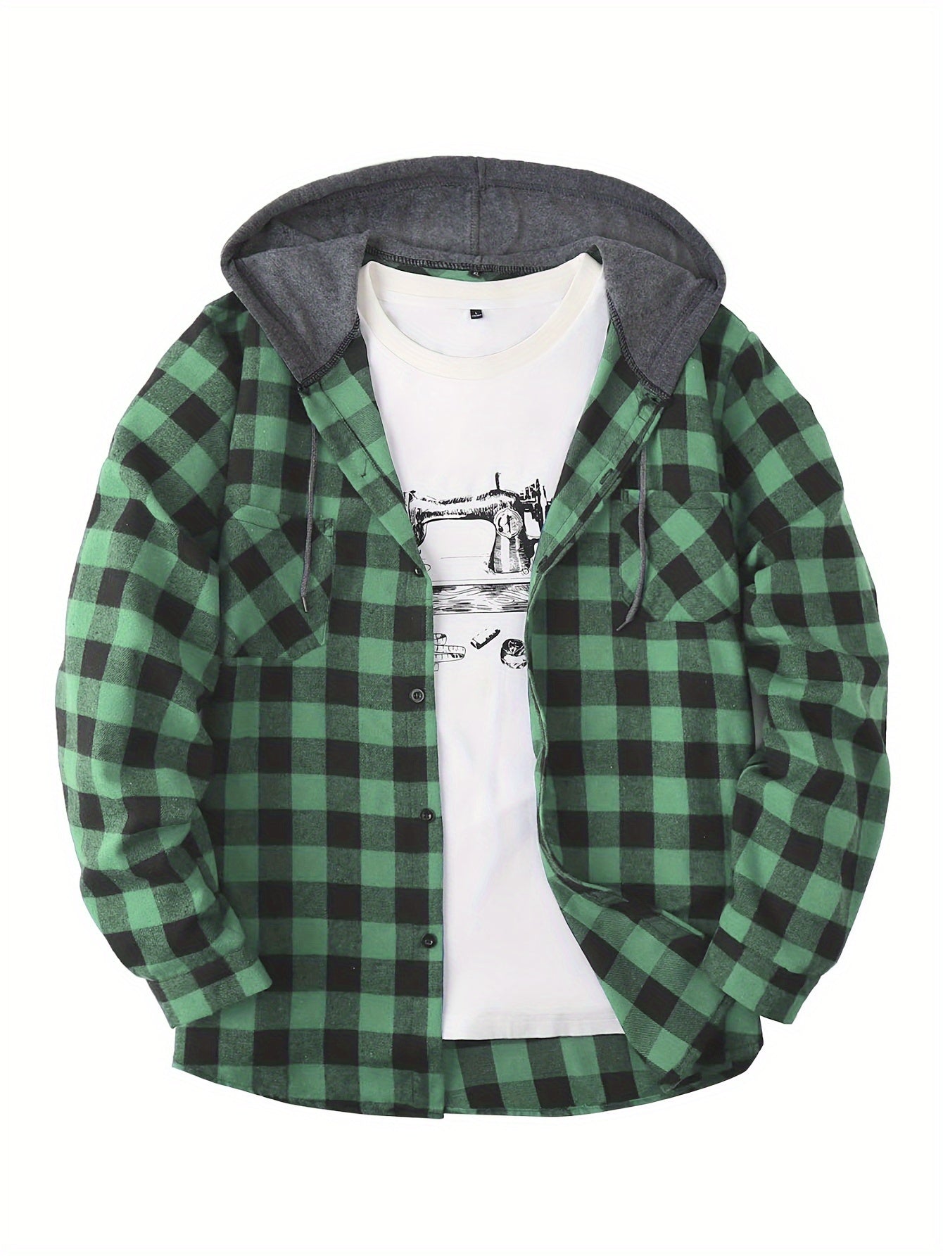 Men's Plaid Hooded Shirt Coat, Long Sleeve, Button Up, Casual Fit - veyora