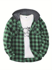 Men's Plaid Hooded Shirt Coat, Long Sleeve, Button Up, Casual Fit - veyora