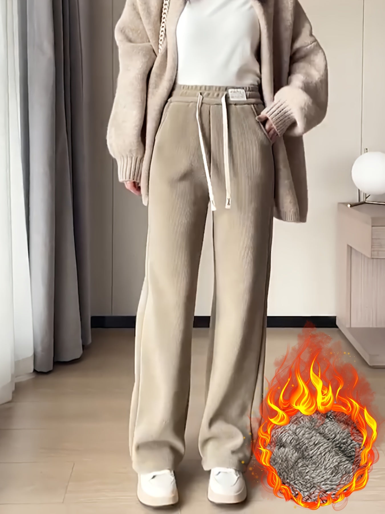 Women's Wide - Leg Winter Pants with Cord Skirt - Thickened Warmth Suitable for Cold Weather, Elegant Loose - Fit Full - Length Trousers, All - Season Casual & Dressy Wear (No Belt Required) - veyora