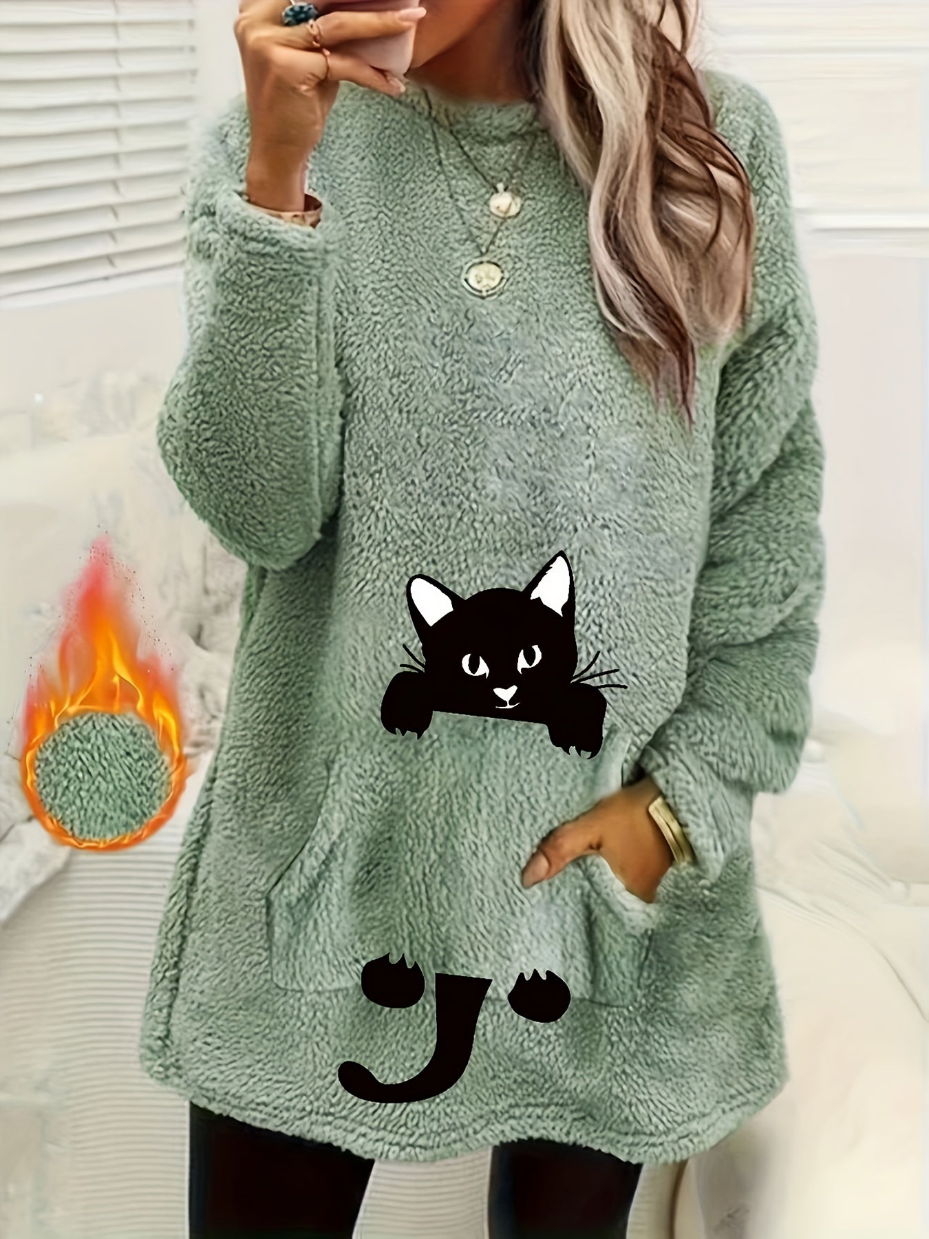 Women's Geometric Print Fleece Pullover Sweatshirt - Soft Long Sleeve Round Neck with Pockets, Machine Washable Casual Winter Wear, Elegant Regular Fit for All Seasons, Cute Sweatshirts, Allseason Apparel, Comfortable Pockets - veyora