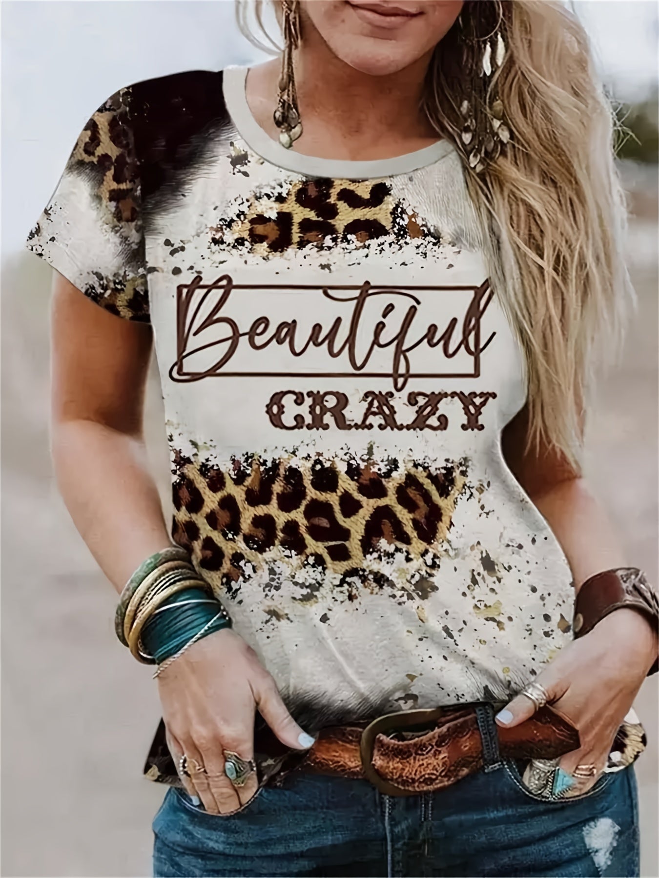 Vintage Letter & Leopard Print T-Shirt, Retro Style Crew Neck Short Sleeve T-Shirt, Casual Every Day Tops, Women's Clothing - veyora
