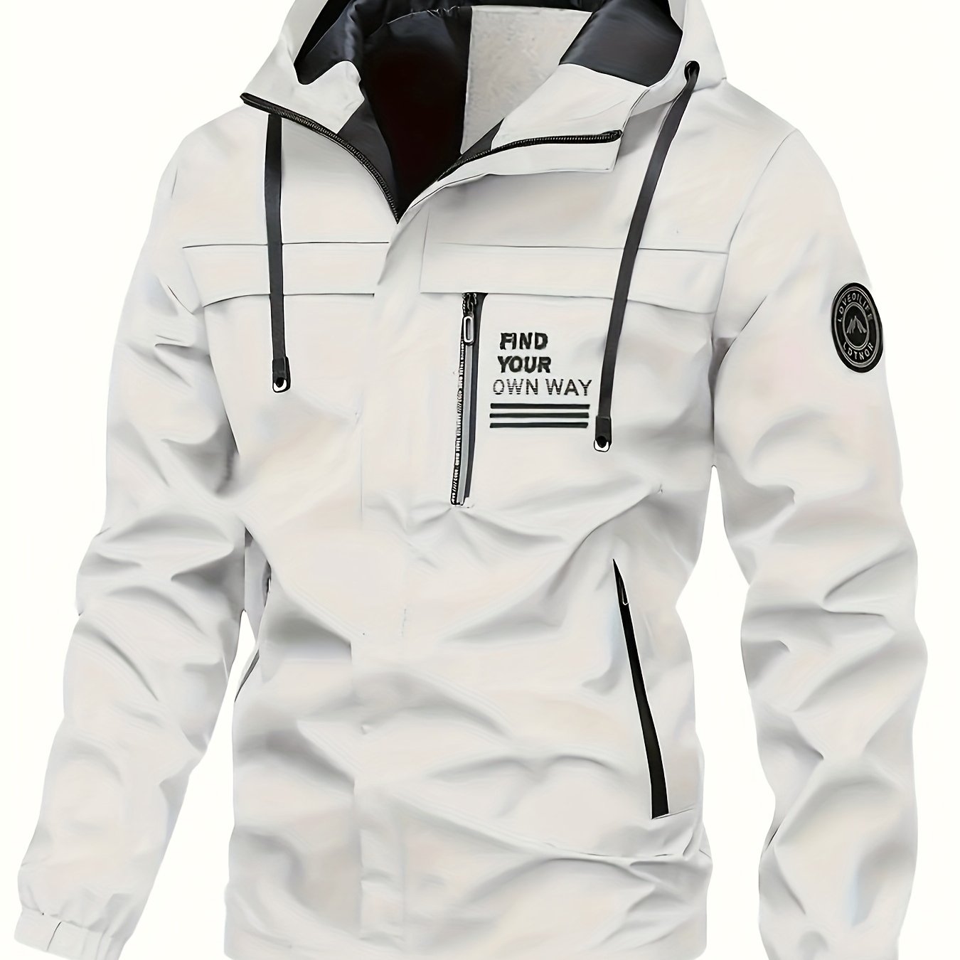 [Everyday Comfort, Windbreaker] Stylish Hooded Windbreaker Jacket | Men's Casual Gear - Black, "Find Your Way" Design, Loose Fit for Spring & Fall Outdoor Activities | Smooth Texture, Trendy Men's Jacket - veyora