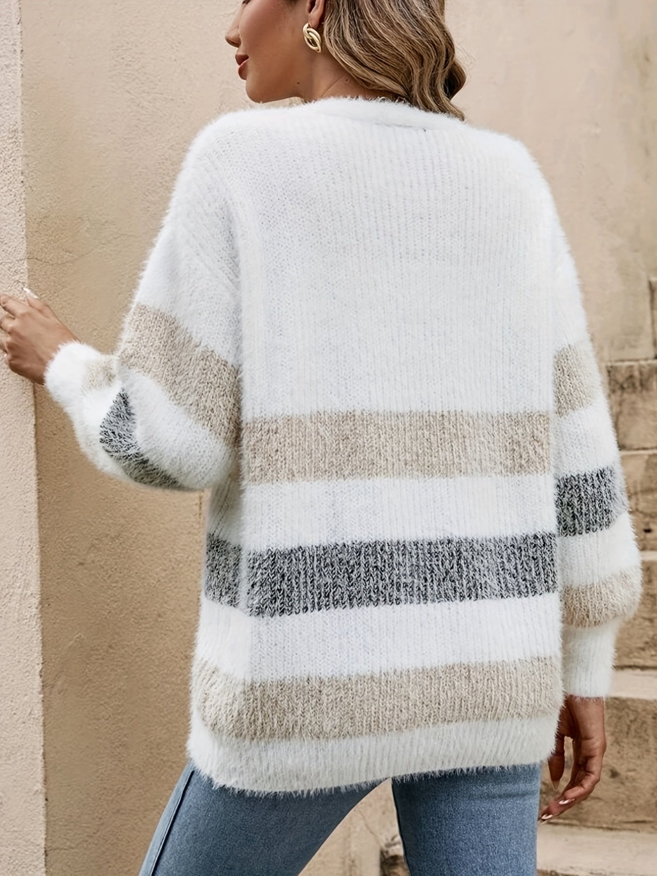 Women's Casual Striped Drop Shoulder Cardigan - Cozy Knit Fabric, Deep V-Neck, Button Closure, Polyester/Nylon Blend, Perfect for Fall/Winter, Lightweight Cardigan