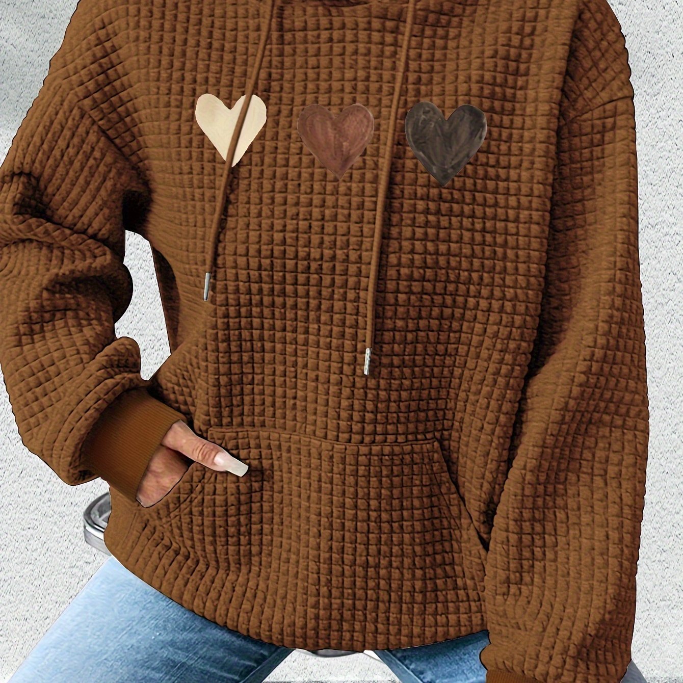 Women'S Long - Sleeve Hoodie with a Waffle Texture Featuring a Repeated Heart Pattern - veyora