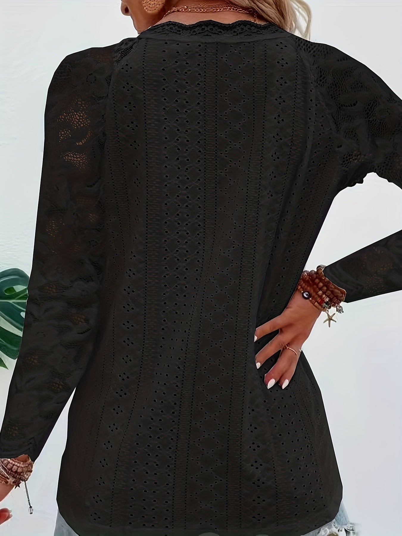 Contrast Lace V - neck Eyelet T-Shirt, Elegant Long Sleeve T-Shirt For Spring & Fall, Women's Clothing - veyora
