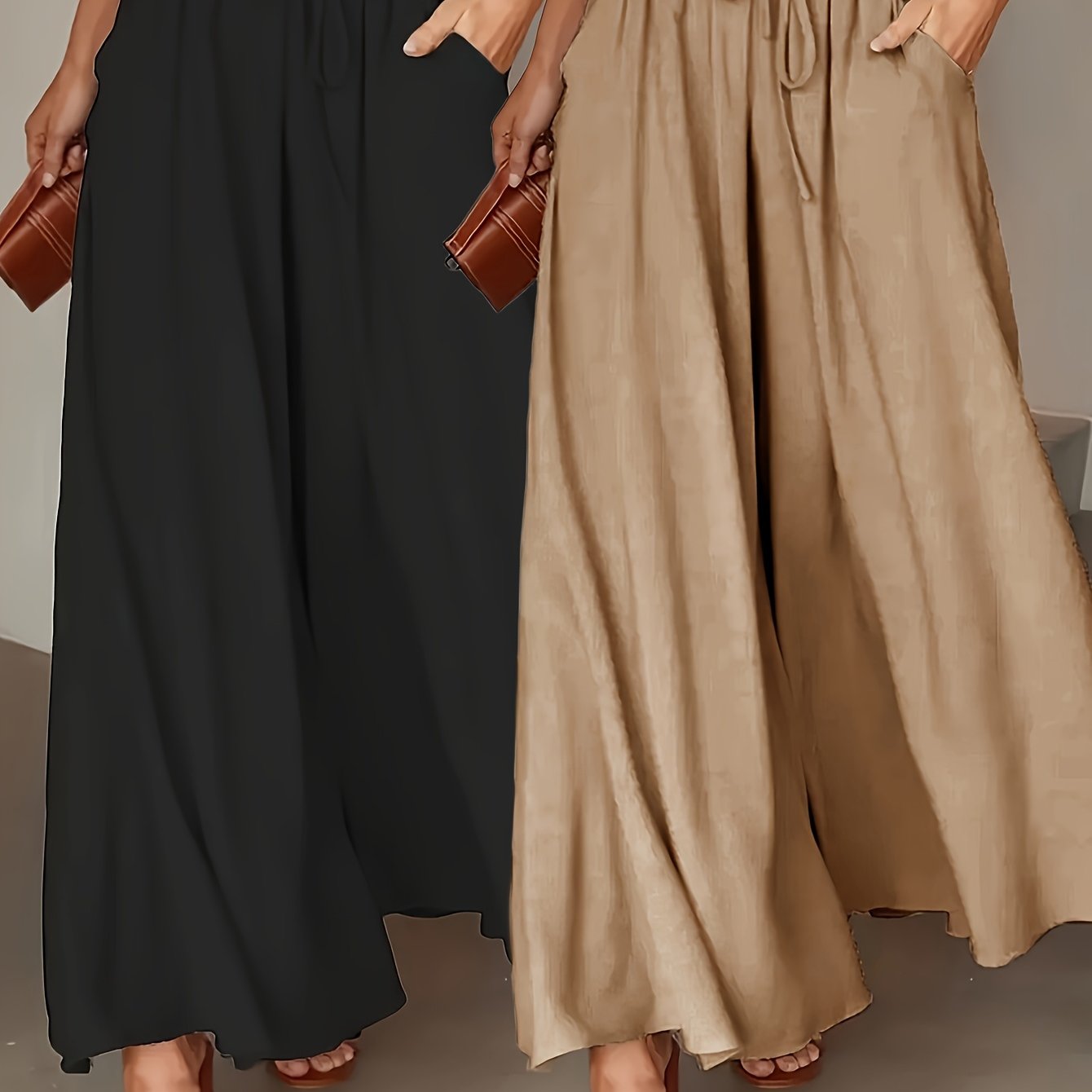 Two - pack Women's casual high - waisted comfortable breathable pocket drawstring loose wide - leg pants - veyora