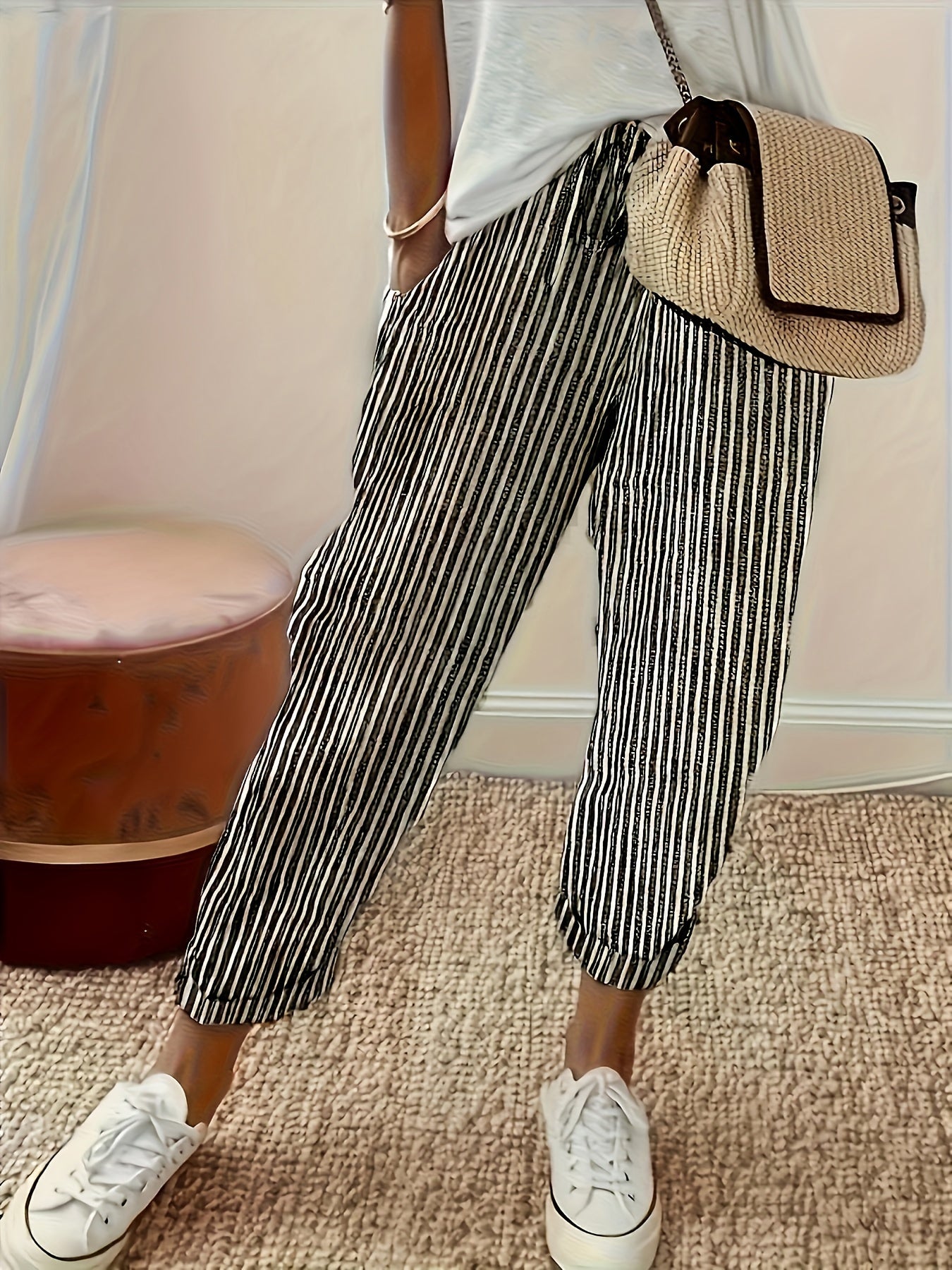 Striped Casual Straight - leg Women's Trousers with Ties - veyora
