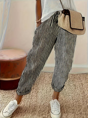 Striped Casual Straight - leg Women's Trousers with Ties - veyora