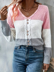 [Color-Block Sweater] V-Neck Color-Block Striped Casual Knitted Pullover, Women's Sweater with Faux Buttons