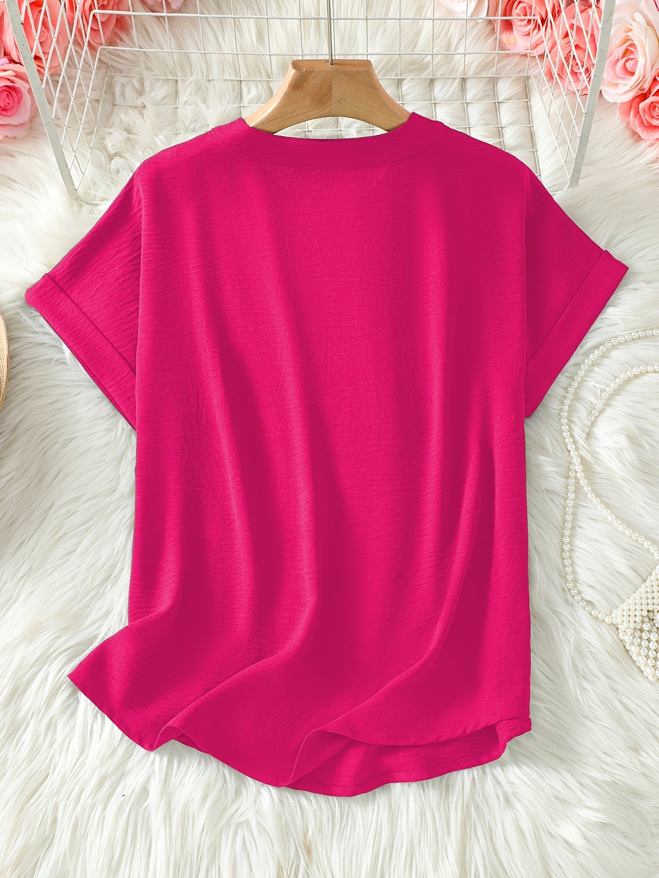 Women's V - neck Drop Shoulder Sleeves Solid Color Loose Short Sleeve Shirt Top - veyora