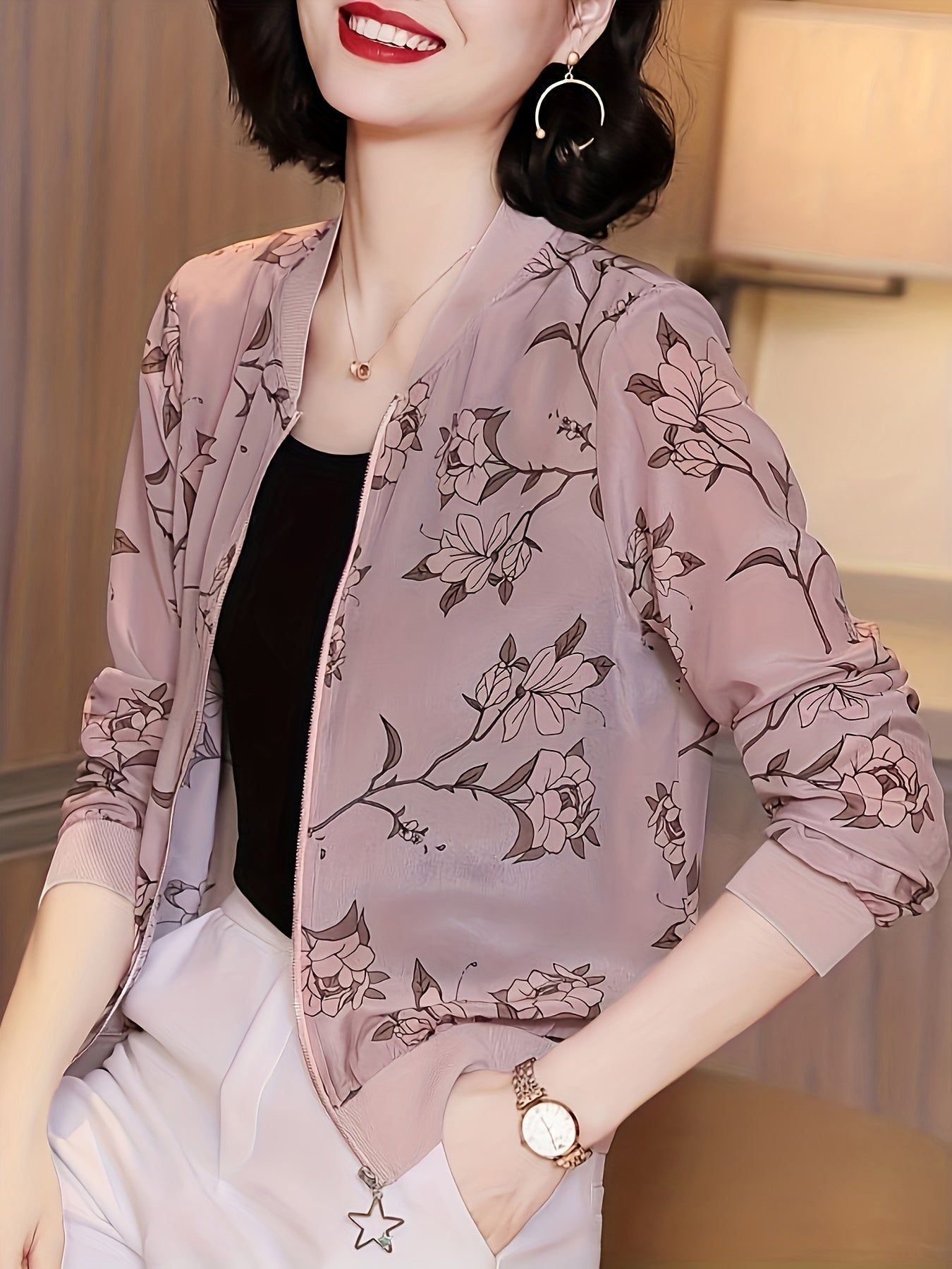 Women's lightweight sunscreen jacket - translucent long - sleeved baseball jacket with front zipper design, loose H - shaped cut suitable for beach, office, and daily wear, floral geometric pattern, breathable fabric, summer fashion item - veyora