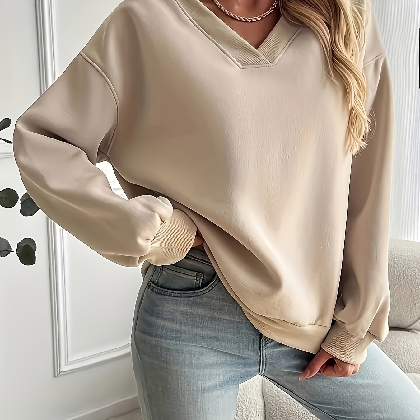 Women'S Fashion Large Cross - collar Loose Version Sweatshirt | Casual V - neck, Slight Stretch Fabric, Solid Color, Fall/Winter Season, Pullover Style, Brand: WCQ - veyora