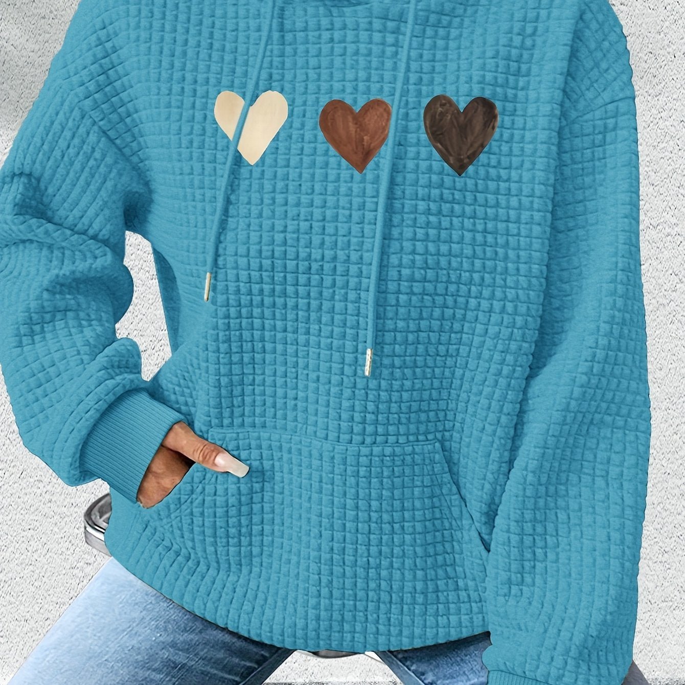 Women'S Long - Sleeve Hoodie with a Waffle Texture Featuring a Repeated Heart Pattern - veyora