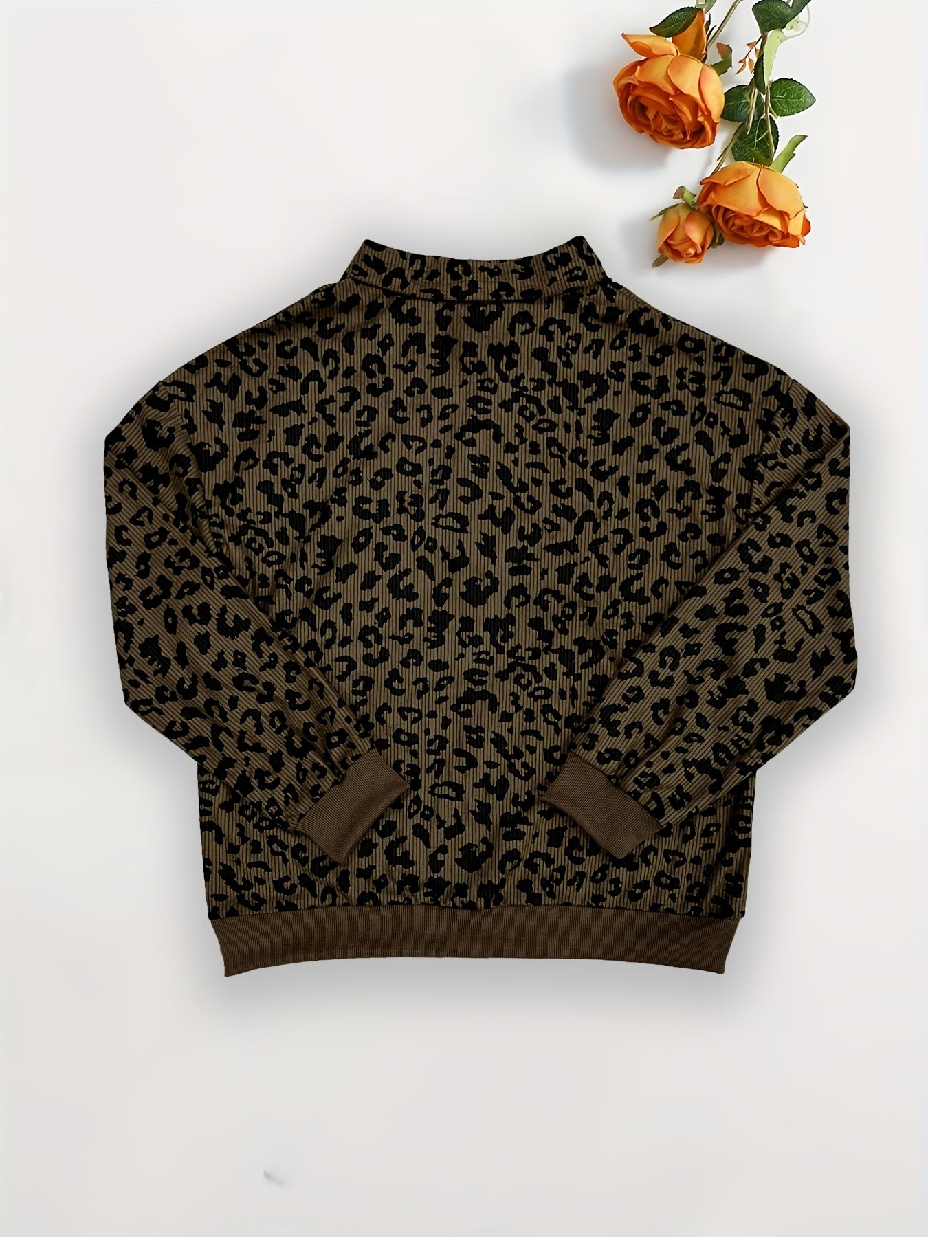 Spring/Summer/Autumn Women's Casual Zip - Up Long Sleeve Leopard Print Sweatshirt with Turn - Collar - veyora