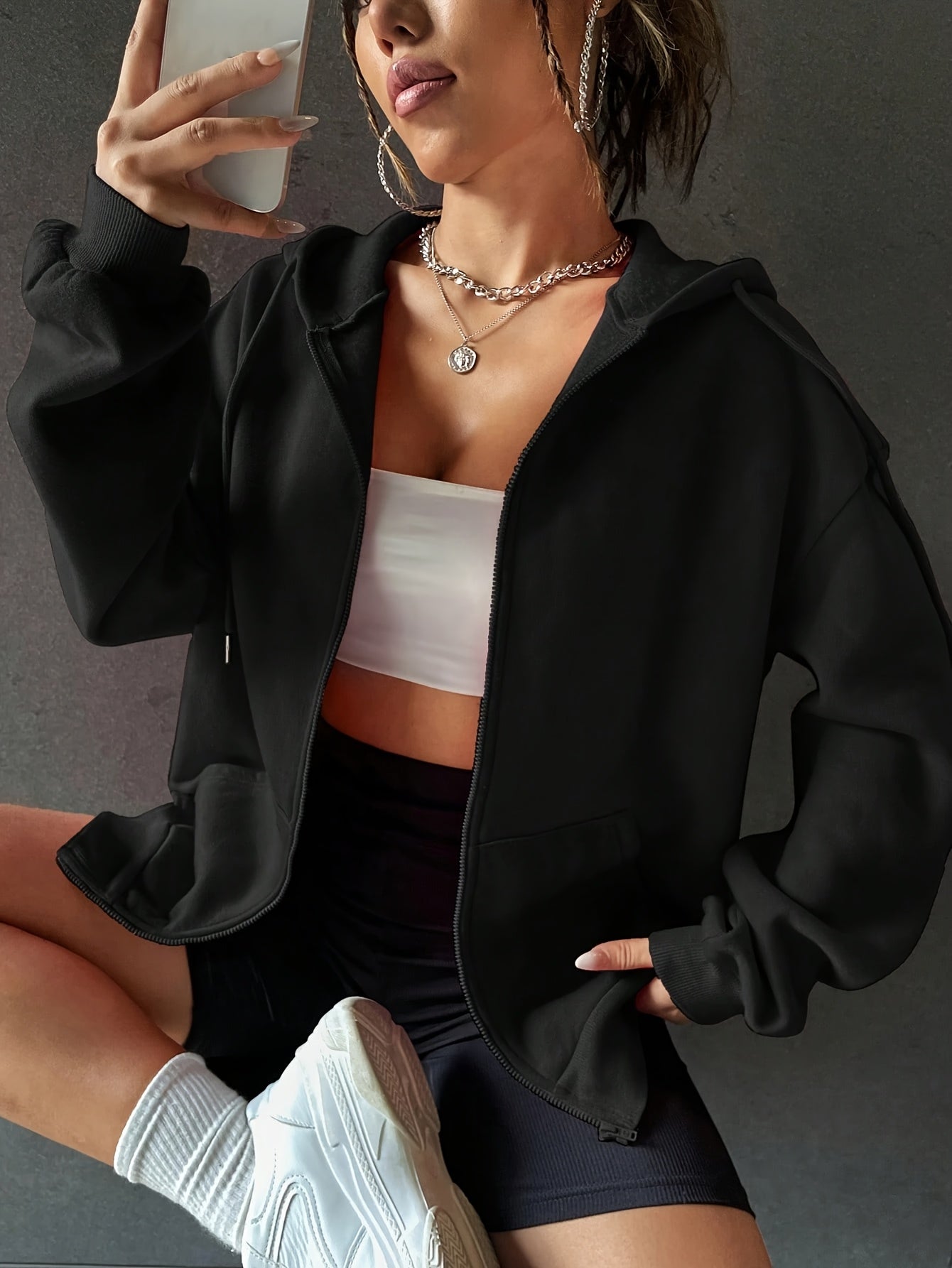 Women's Fashionable Versatile Autumn/Winter Solid Color Zipper Hooded Sweatshirt, - Lined and Thickened with Kangaroo Pocket, Casual Sporty Cardigan Top - veyora