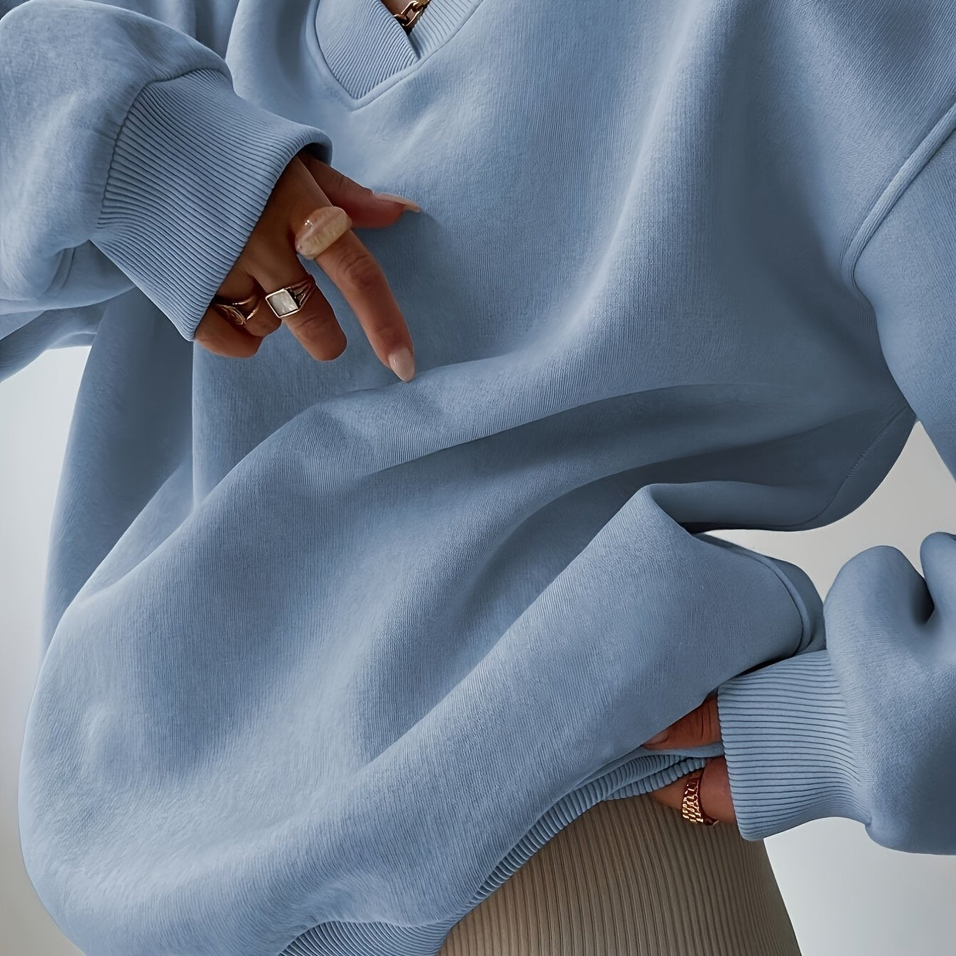 Women'S Fashion Large Cross - collar Loose Version Sweatshirt | Casual V - neck, Slight Stretch Fabric, Solid Color, Fall/Winter Season, Pullover Style, Brand: WCQ - veyora
