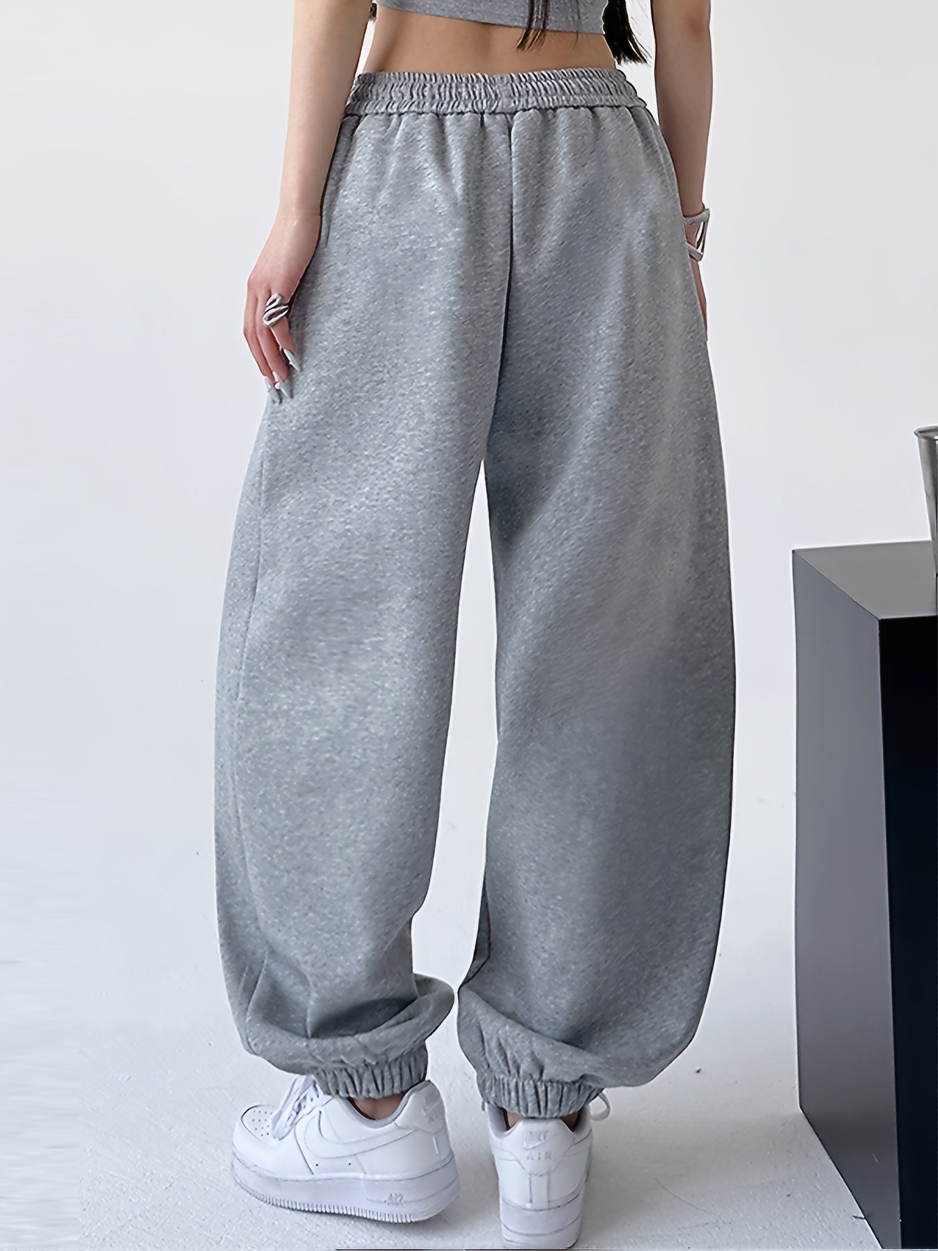 Solid Color Loose - Fitting Jogger Pants with a Faux Pocket Flap Design - veyora
