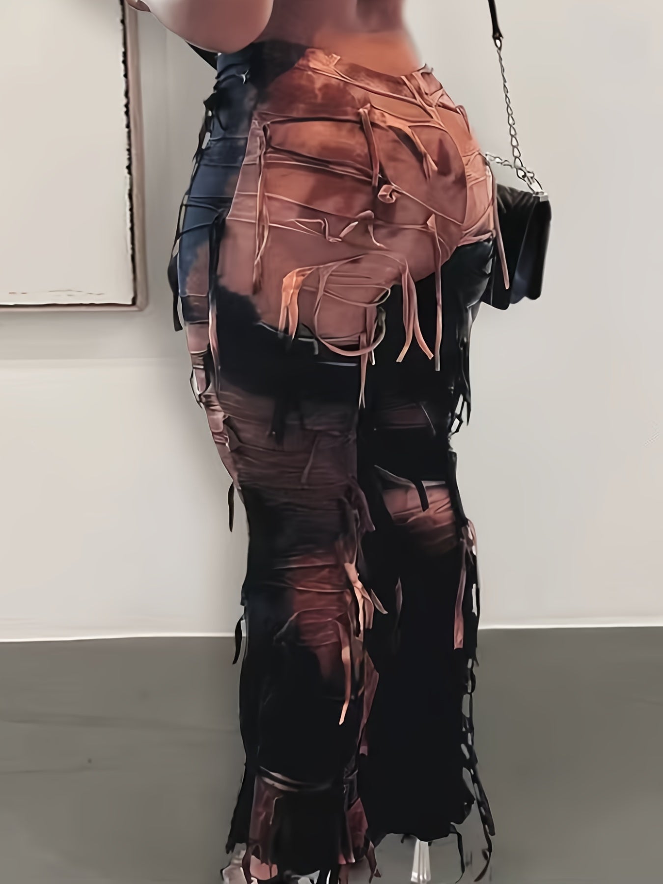 Women's Sexy High - Waisted Tie - Dye Mesh Flare Pants with Fringe Detail - Semi - Sheer Stretchy Trousers, Elastic Waistband, Machine Washable, Autumn/Winter Fashion for Mature Occasions - veyora