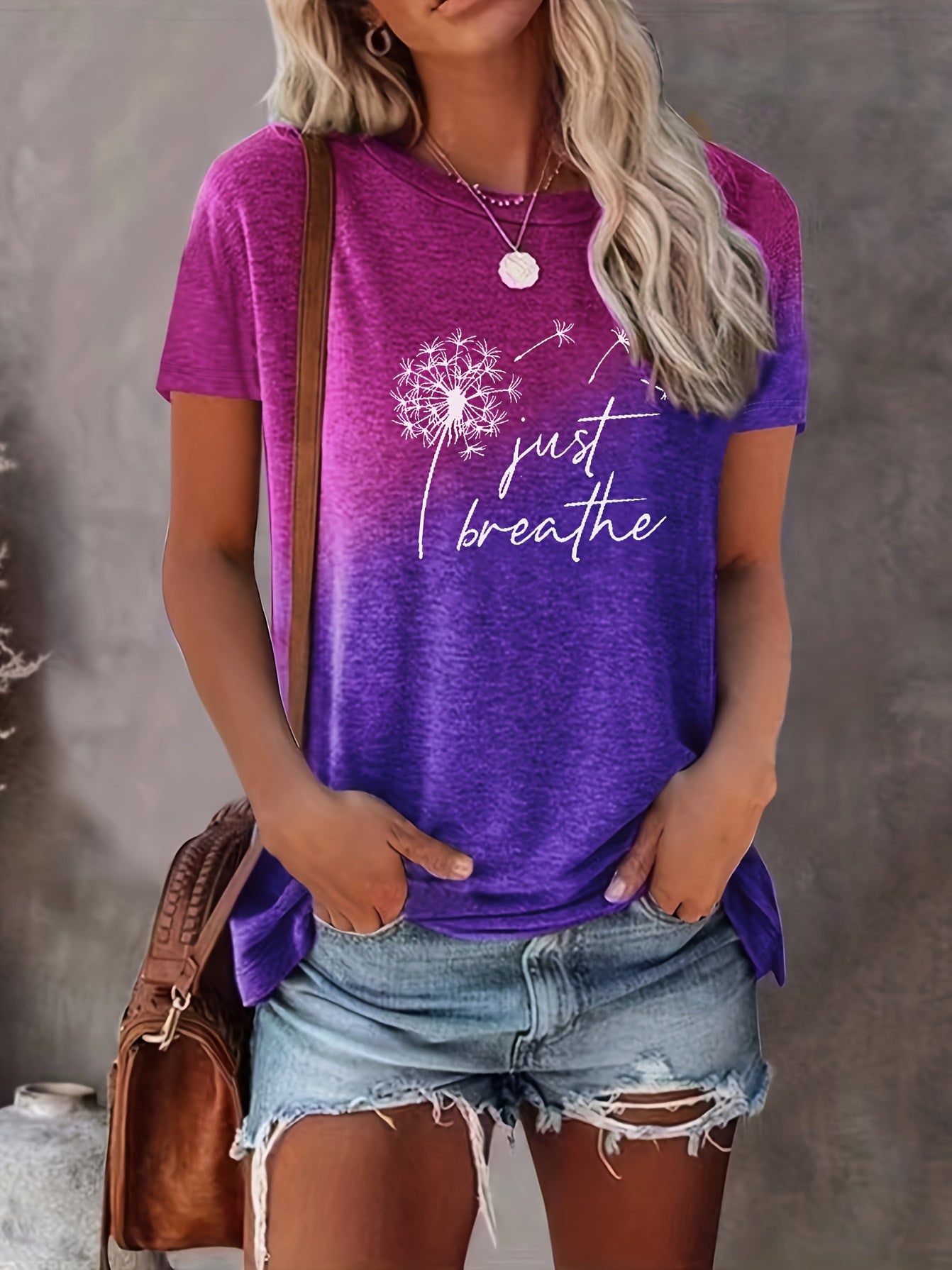Just Breathe & Dandelion Print T-shirt, Casual Crew Neck Short Sleeve Top, Women's Clothing - veyora
