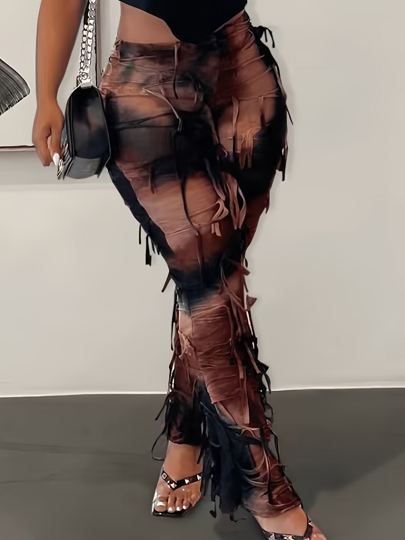 Women's Sexy High - Waisted Tie - Dye Mesh Flare Pants with Fringe Detail - Semi - Sheer Stretchy Trousers, Elastic Waistband, Machine Washable, Autumn/Winter Fashion for Mature Occasions - veyora