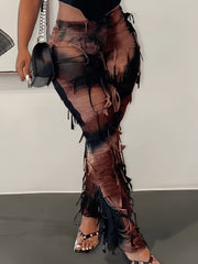 Women's Sexy High - Waisted Tie - Dye Mesh Flare Pants with Fringe Detail - Semi - Sheer Stretchy Trousers, Elastic Waistband, Machine Washable, Autumn/Winter Fashion for Mature Occasions - veyora