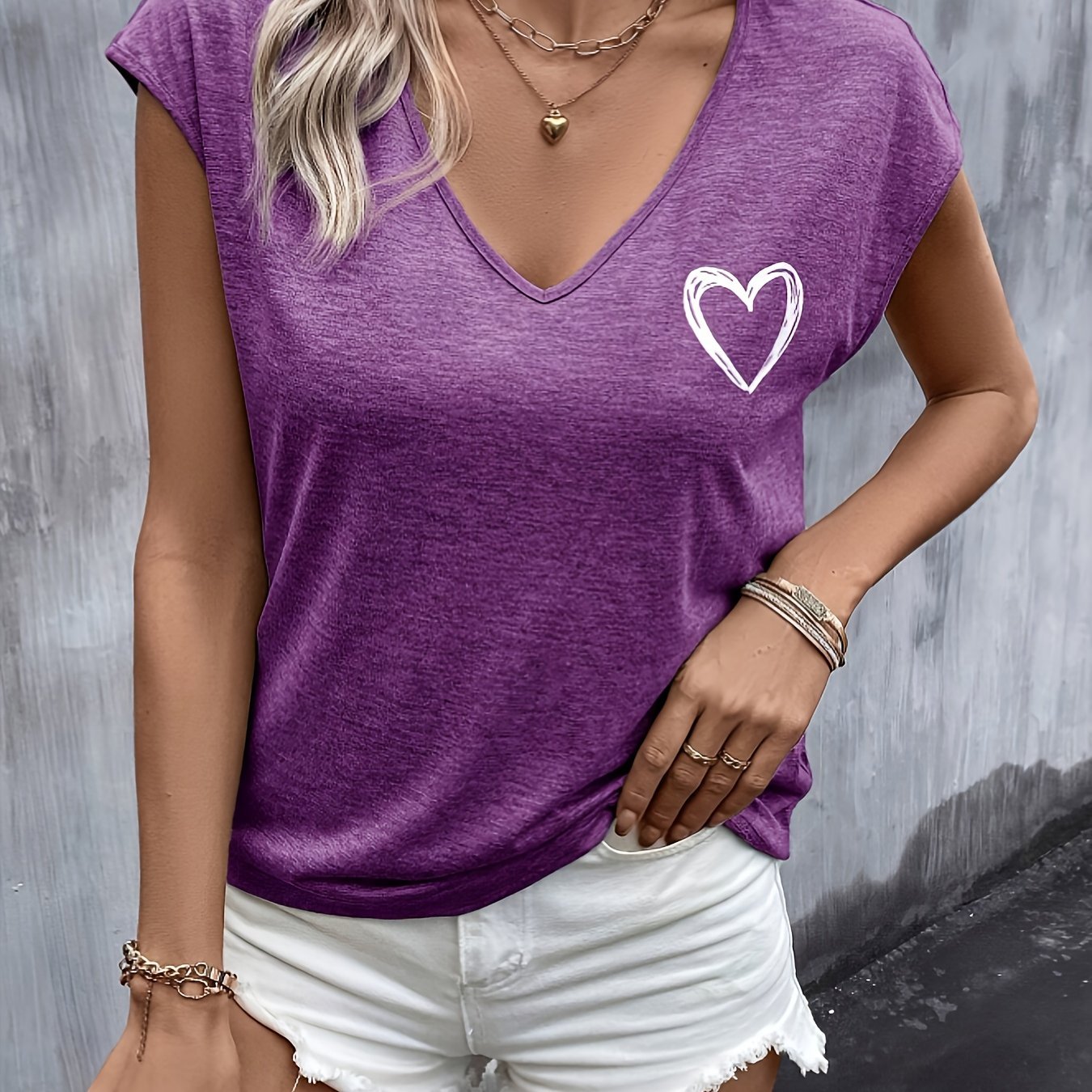Summer Heart Print Batwing Sleeve T-Shirt - veyora