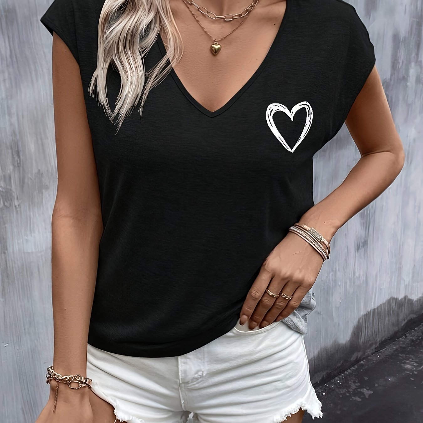 Summer Heart Print Batwing Sleeve T-Shirt - veyora
