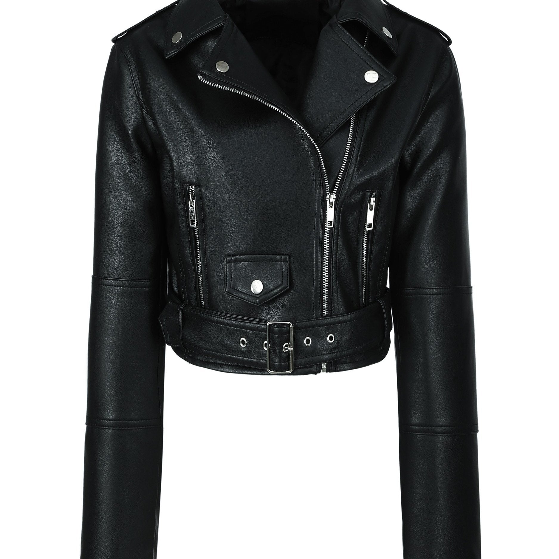 Solid Zipper Front PU Leather Crop Jacket, Casual Long Sleeve Lightweight Jacket for Fall & Spring, Women's Clothing - veyora