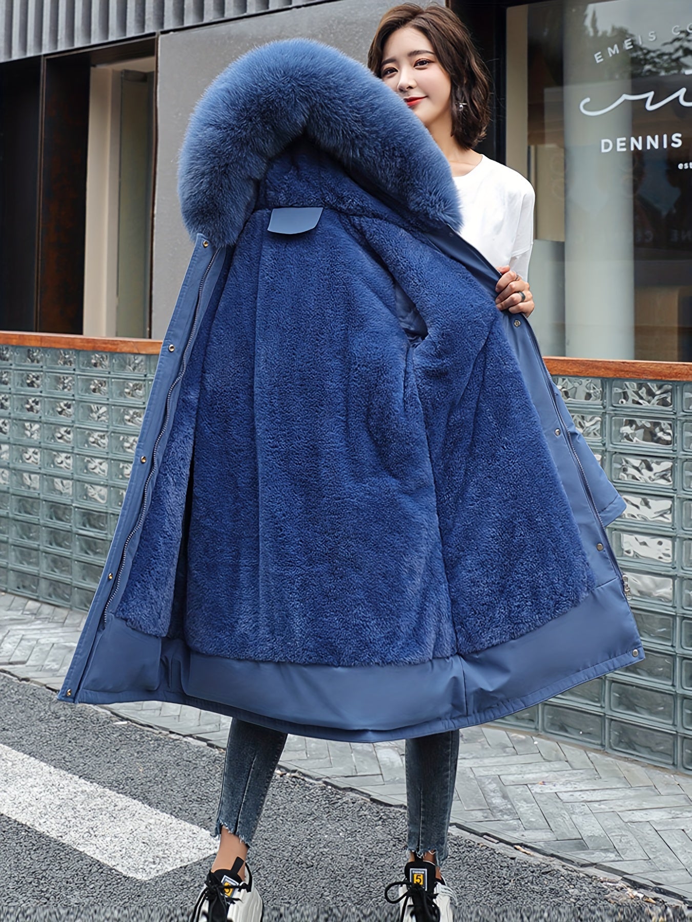 1pc Thick Fleece-Lined Women's Mid-Length Coat with Removable Faux Fur Hood, Drawstring Waist, Long Sleeve, Polyester, Solid Color, Non-Waterproof Winter Parka