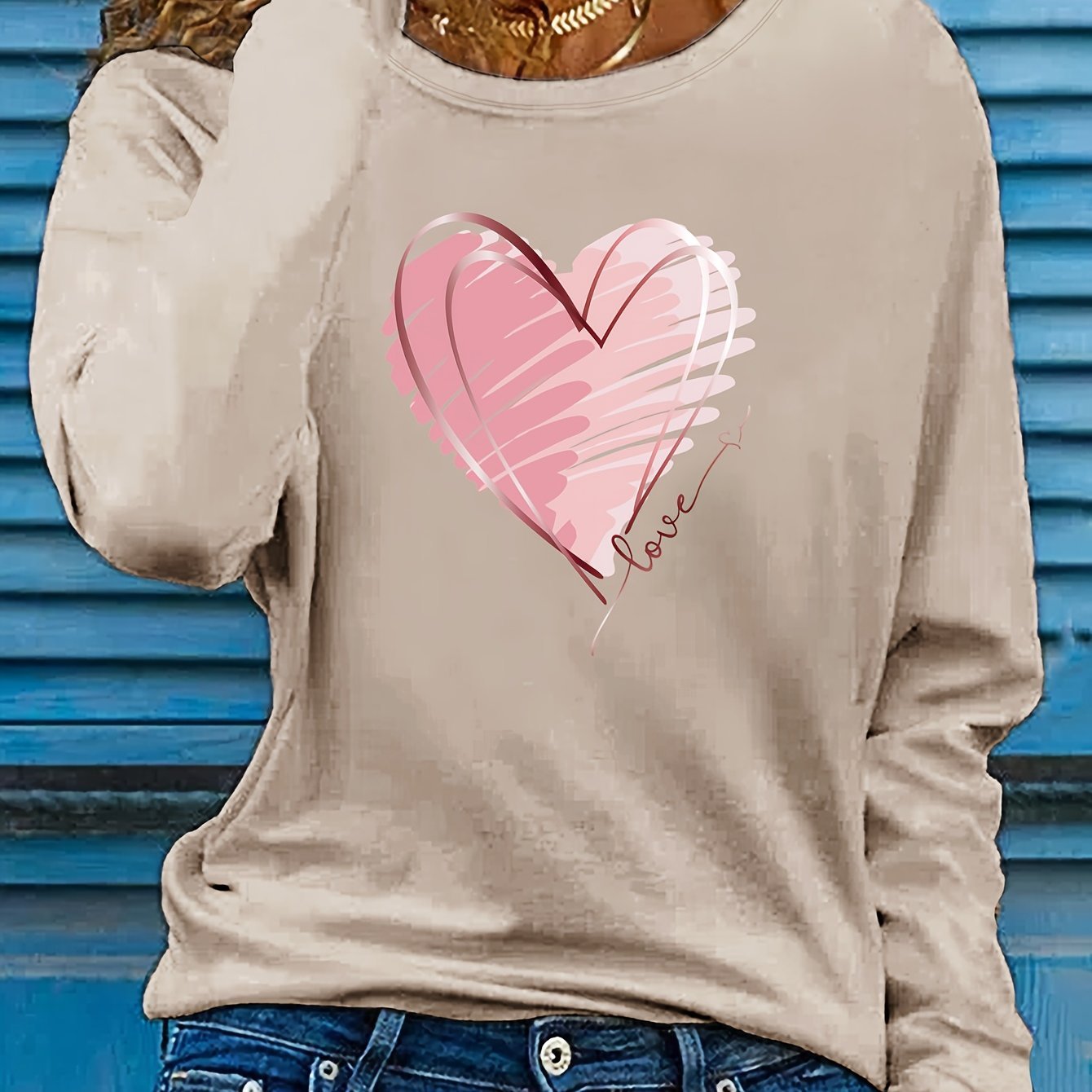 Heart & Love Print Crew Neck T-shirt, Casual Long Sleeve Top For Spring & Fall, Women's Clothing - veyora
