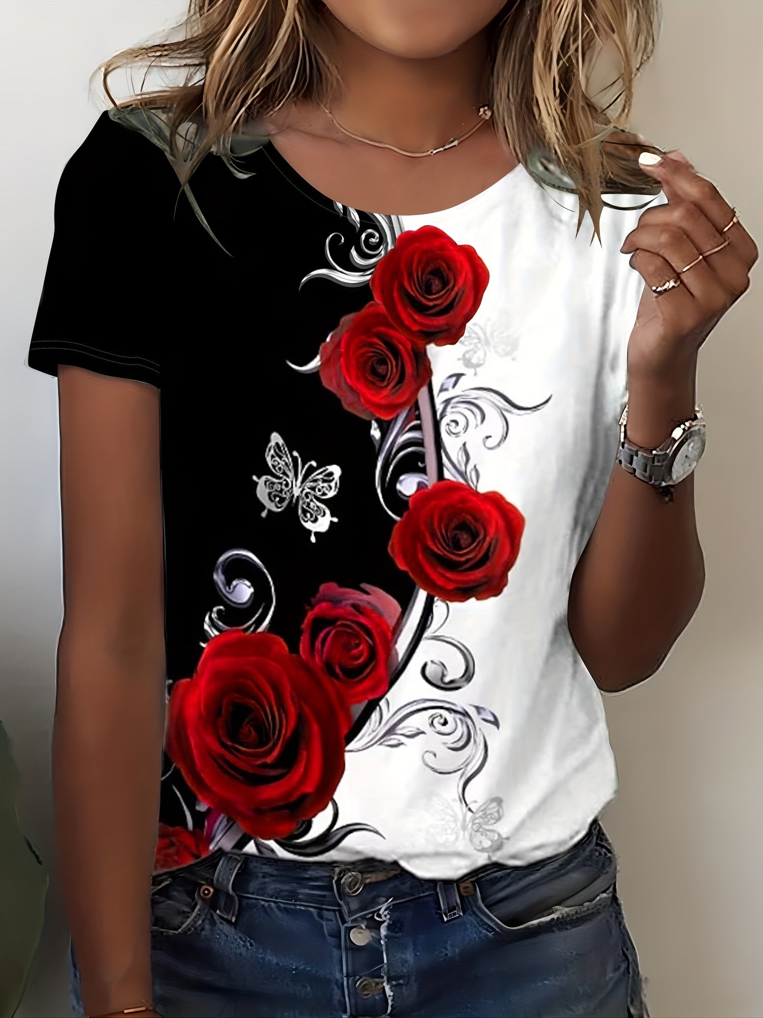 Rose Print Color Block T-shirt, Casual Crew Neck Short Sleeve T-shirt, Women's Clothing - veyora