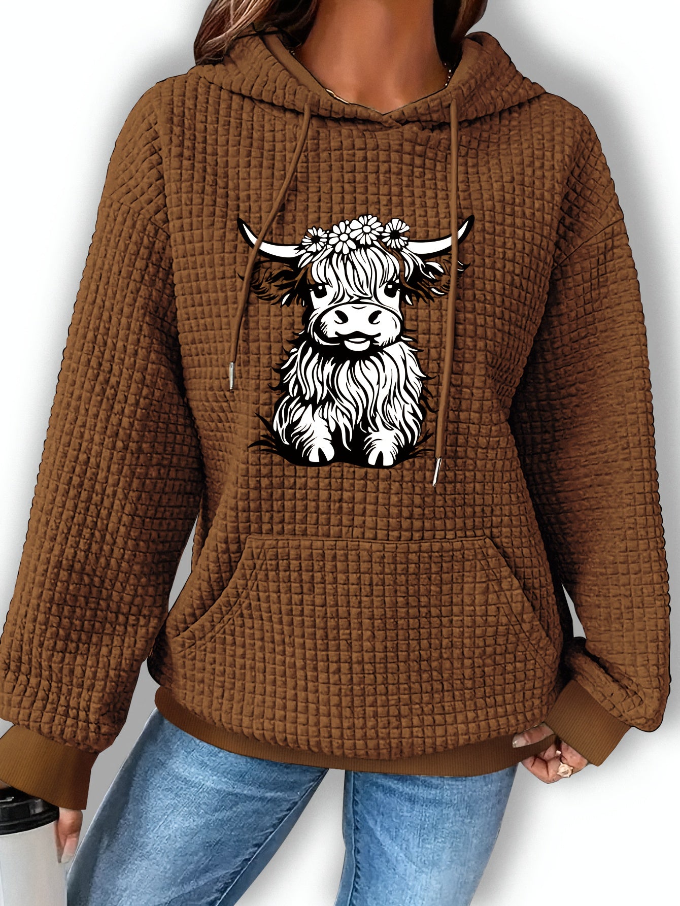 Graphic Print Waffle Hoodie, Drawstring Kangaroo Pocket Casual Hooded Sweatshirt For Winter & Fall, Women'S Clothing - veyora