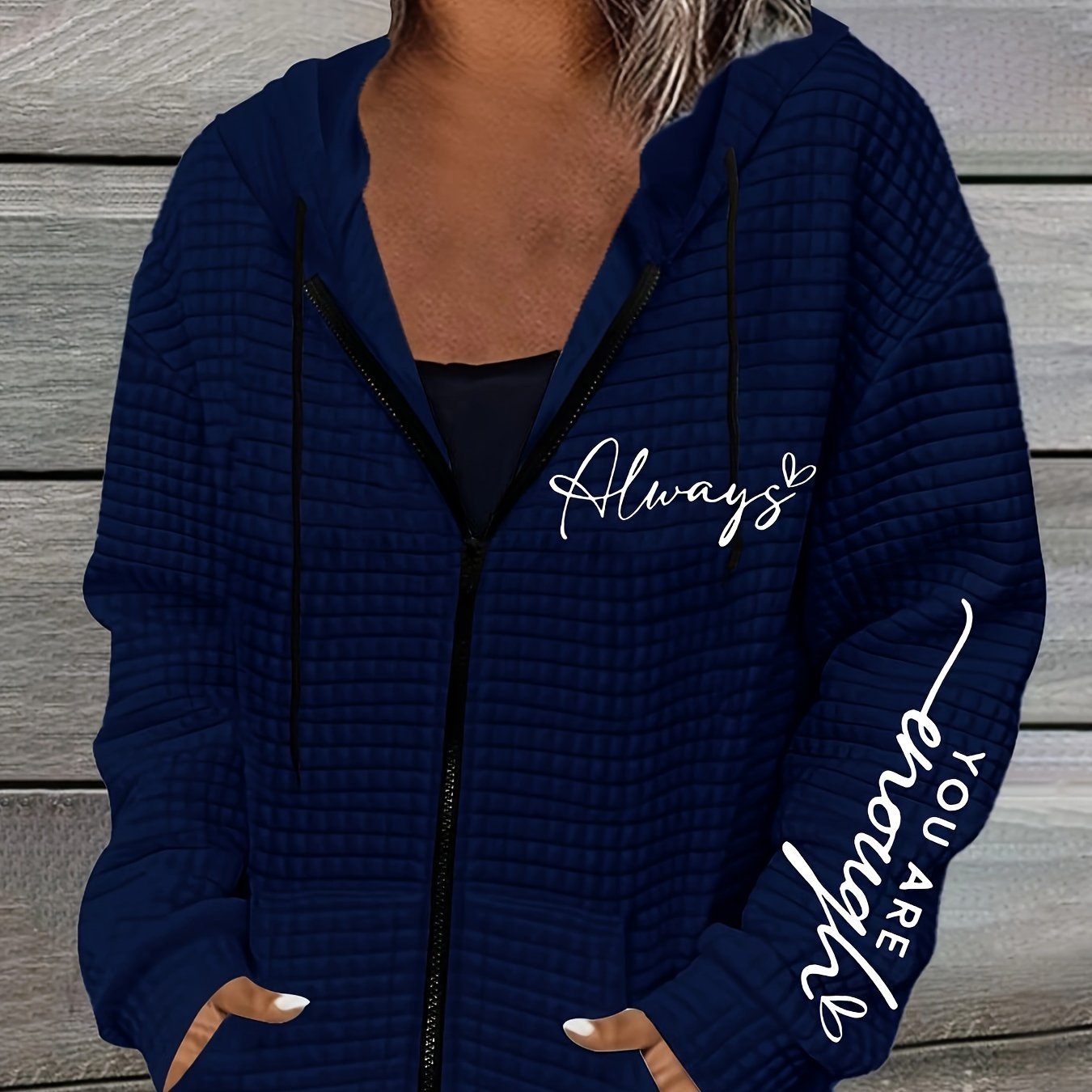 Letter Print Zipper Dual Pockets Hoodie, Casual Long Sleeve Drawstring Hoodies Sweatshirt, Women's Clothing - veyora
