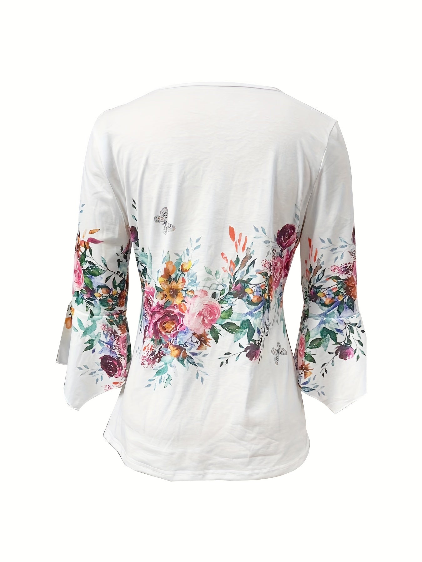 Floral Print Notched Neck Blouse, Casual Button Front Blouse For Spring & Summer, Women's Clothing - veyora