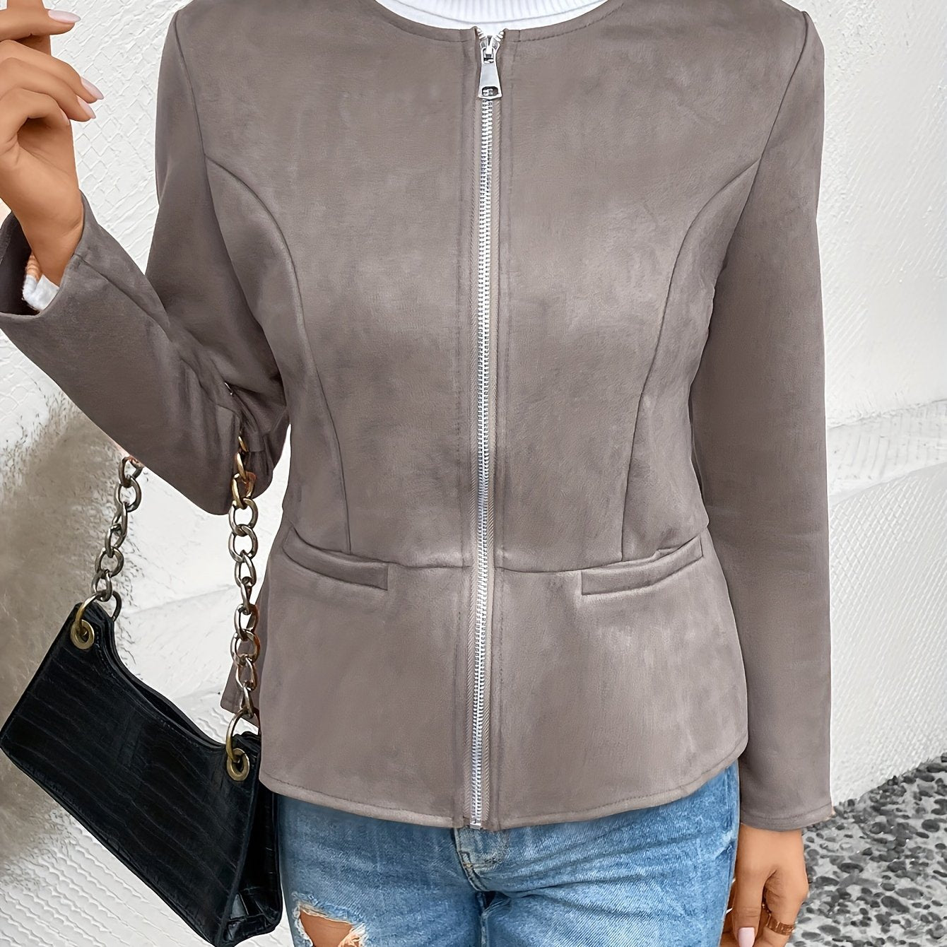 Ladies Fashion Round Neck Slim Top Long Sleeve Access Control Zipper Cardigan Cropped Jacket - veyora