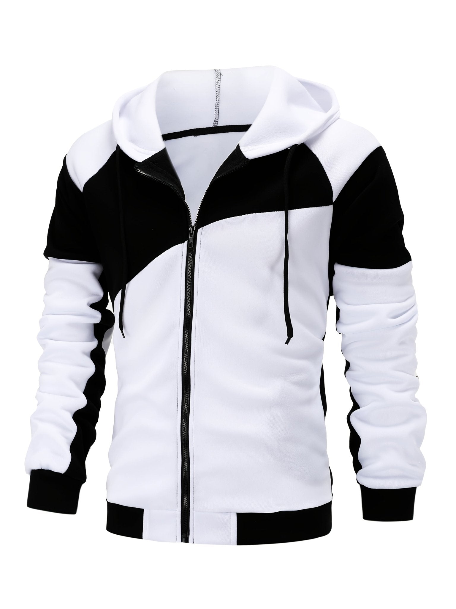 Double Layer Drawstring Hooded Jacket, Men's Casual Color Block Stand Collar Zip Up Jacket Coat For Fall Winter Outdoor Hiking Climbing Camping Cycling - veyora