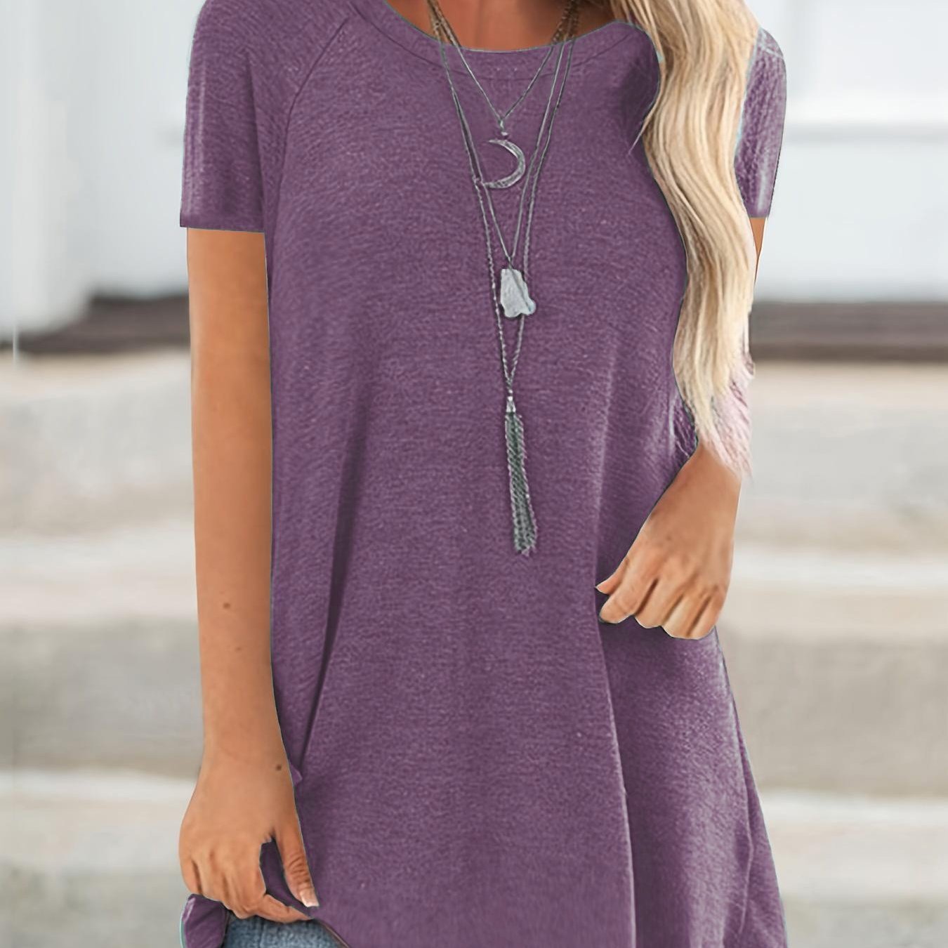 Women's Round Neck V - Neckline Longline Solid Color Short Sleeve T-Shirt - veyora