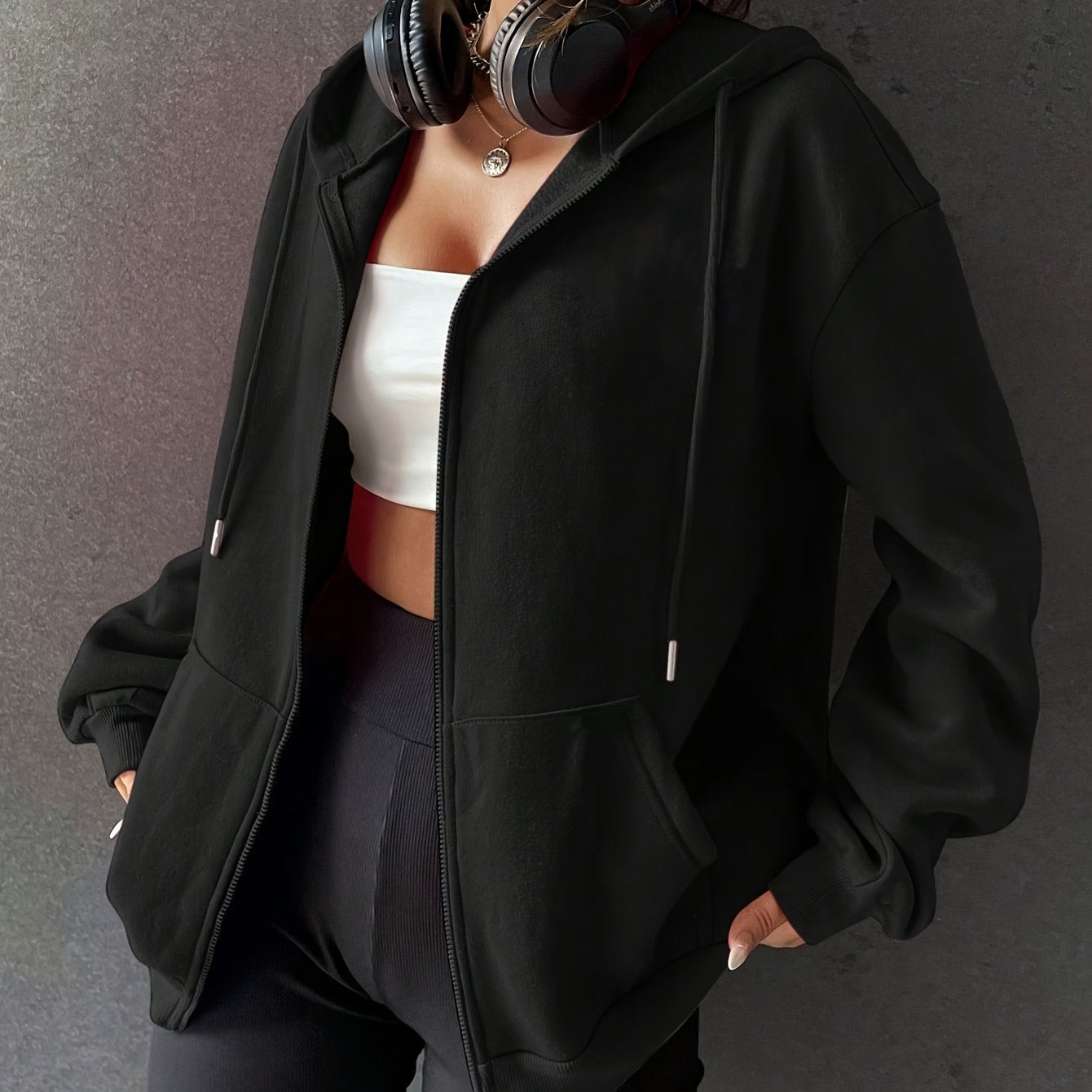 Women's Fashionable Versatile Autumn/Winter Solid Color Zipper Hooded Sweatshirt, - Lined and Thickened with Kangaroo Pocket, Casual Sporty Cardigan Top - veyora