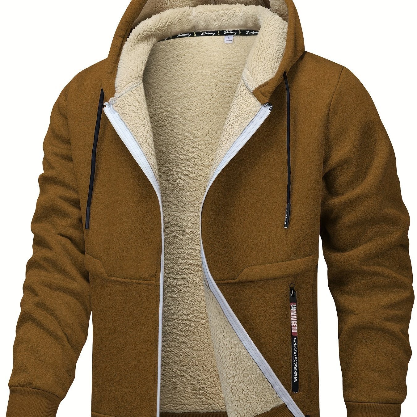 Men's Fleece - Lined Hooded Jacket - Casual Stretch Breathable Zip - Up with Drawstring Detail, Warm Polyester Outerwear for Fall/Winter Outdoor Activities, Zip Up Hoodie - veyora