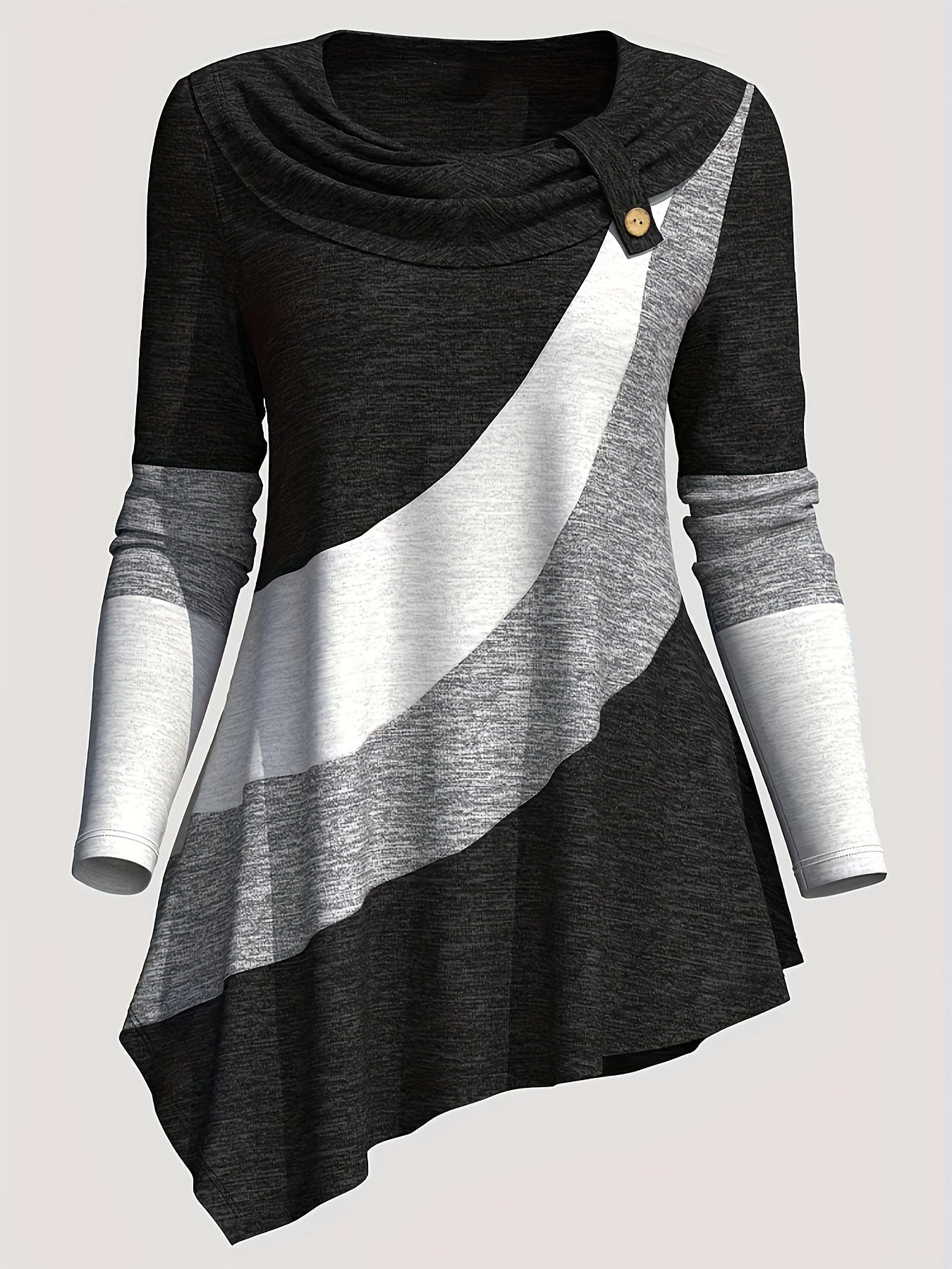Women'S Long - Sleeve Top with a Collared Design, Featuring an Irregular Hem And Color Block Stitching - veyora