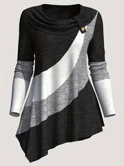 Women'S Long - Sleeve Top with a Collared Design, Featuring an Irregular Hem And Color Block Stitching - veyora