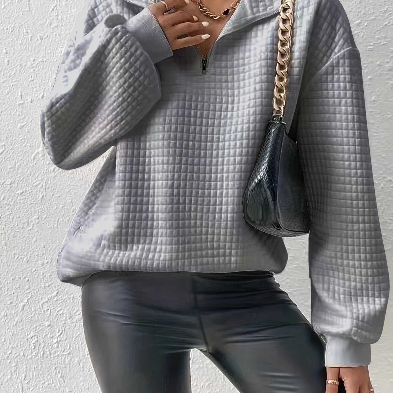 Waffle Grid Quarter Zip Pullover Sweatshirt, Casual Long Sleeve Lapel Sweatshirt For Fall & Winter, Women's Clothing - veyora